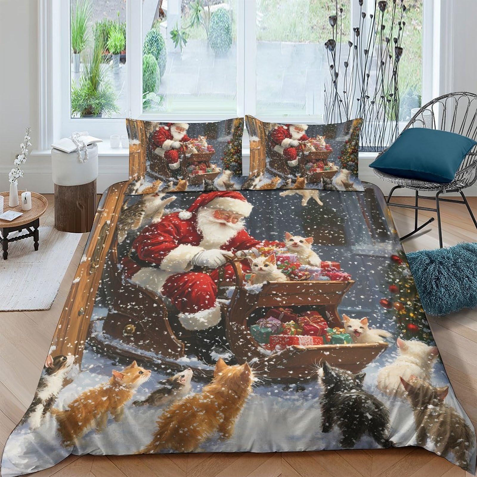 Ctjqhvkz Style-6 3D Printed Christmas Santa Fitted Sheet Microfiber Red Cat Snow Bed Cover Non-Slip Easy Care For Bedroom Guest Room Single（135X200cm）
