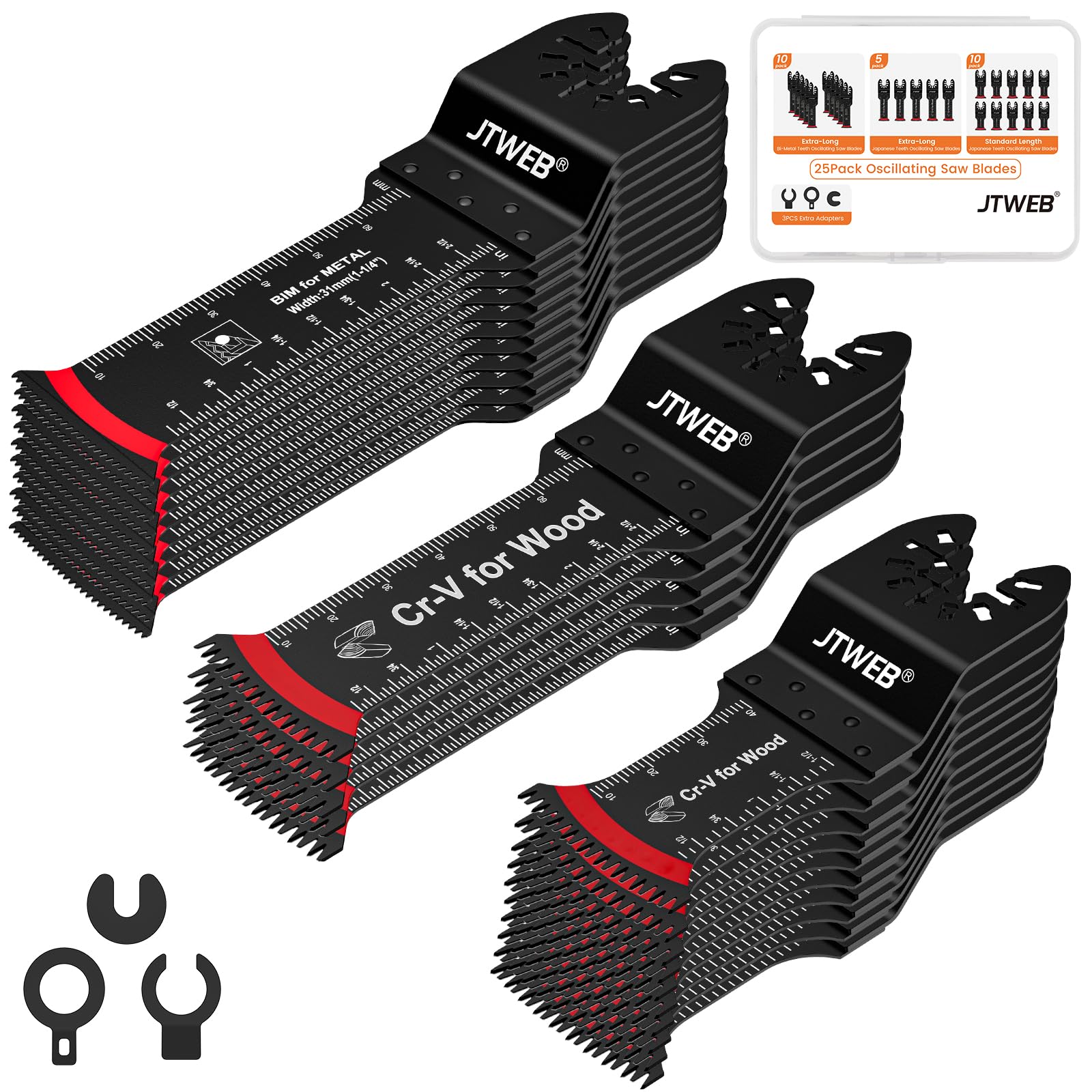 JTWEB25PCS Multi Tool Blades Kits, Bi-Metal Oscillating Tool Blade Metal Cutting, Japanese Tooth Oscillating Saw Blades Clean Cut for Wood, Plastic, Extra Long Multitool Blades, Universal for Bosch
