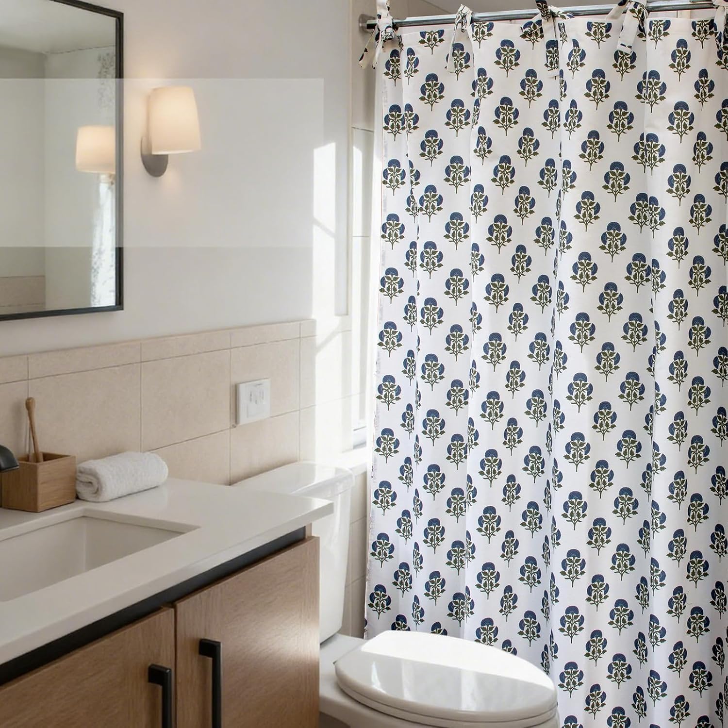 Blue Floral Shower Curtain Hookless - 72x72 Inches,Cotton Blend Cloth Fabric,Girly Cute Coquette Style with Green Block Print for French Country Bathroom Decor