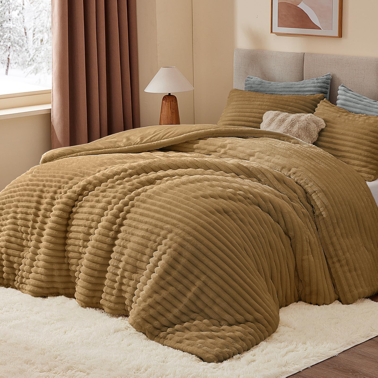 BEDELITE Fleece California King Comforter Set -Super Soft &amp; Warm Fluffy Brown Bedding, Luxury Fuzzy Heavy Bed Set for All Season with 2 Pillow Cases