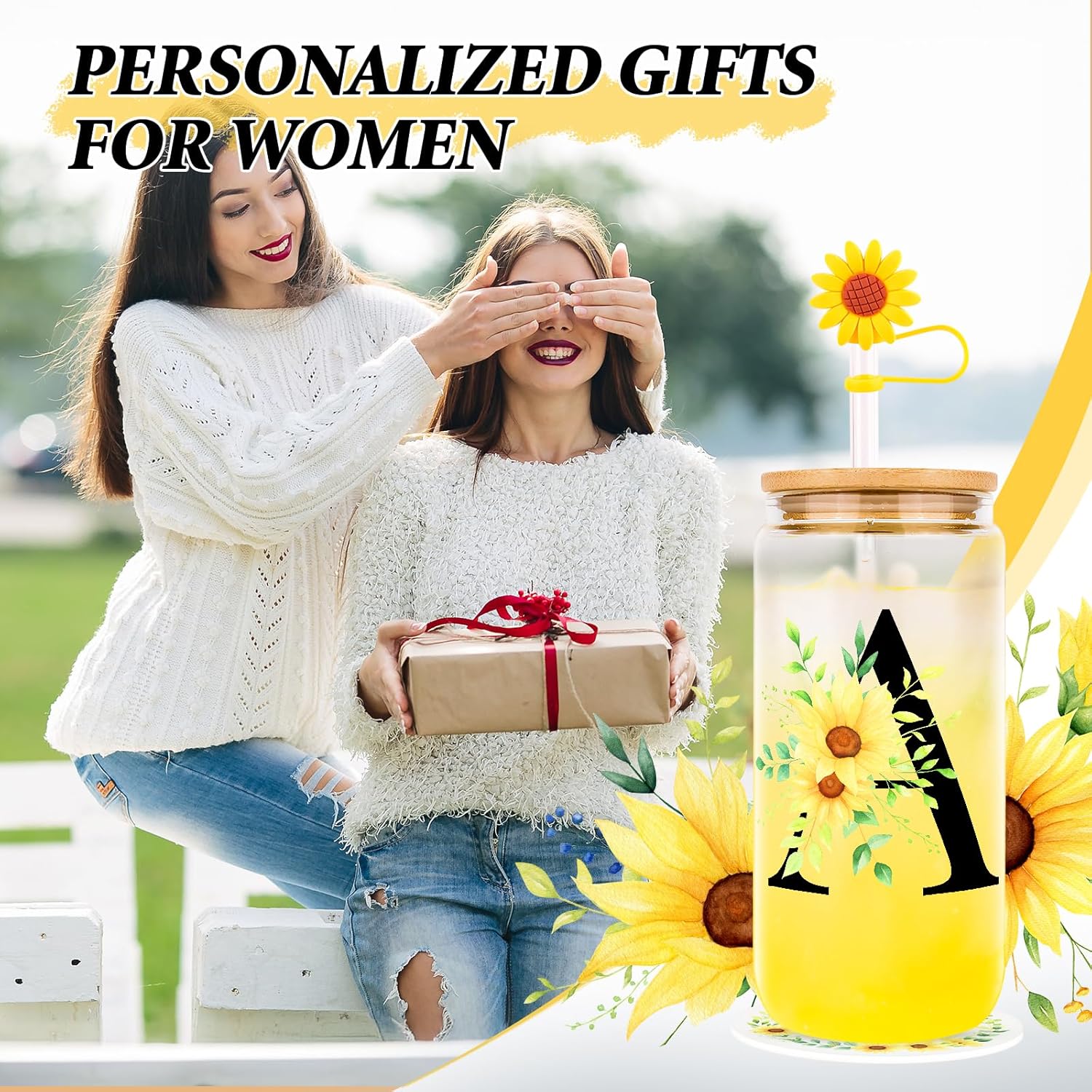 Initial Glass Cups with Lids and Straws, Personalized Sunflower Gifts for Women, Iced Coffee Cup Glass Tumbler, Birthday Thank You Get Well Sunshine Gifts for Sisters Mom Her Women (A) - Image 6