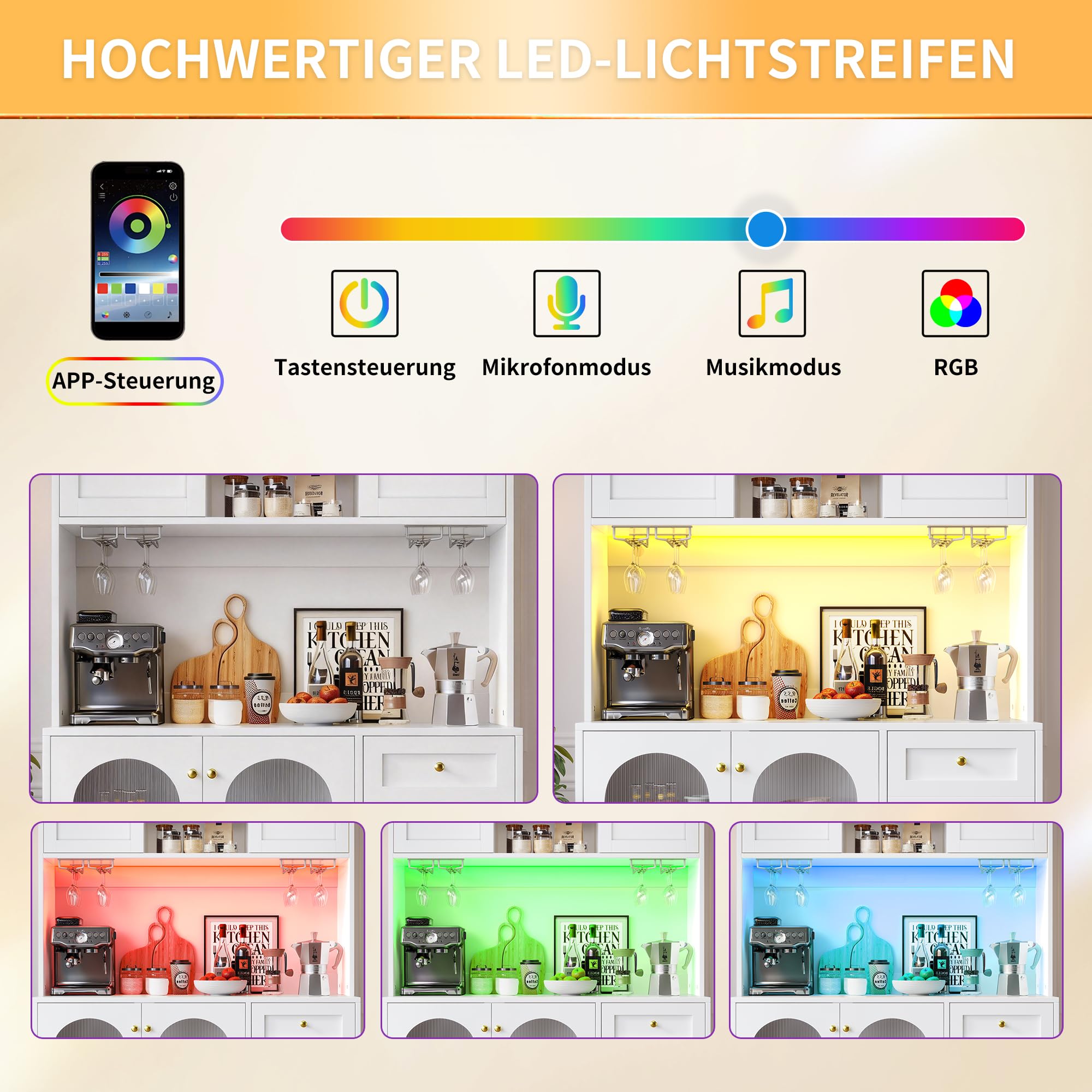Kebnor Seitenboard/Aufbewahrungsschrank/Küchenschrank/Buffetschrank, 120x40x188cm, Landhausstil, 4 Türen, mit LED-Lichtleiste & Getränkehaltern (Weiß)