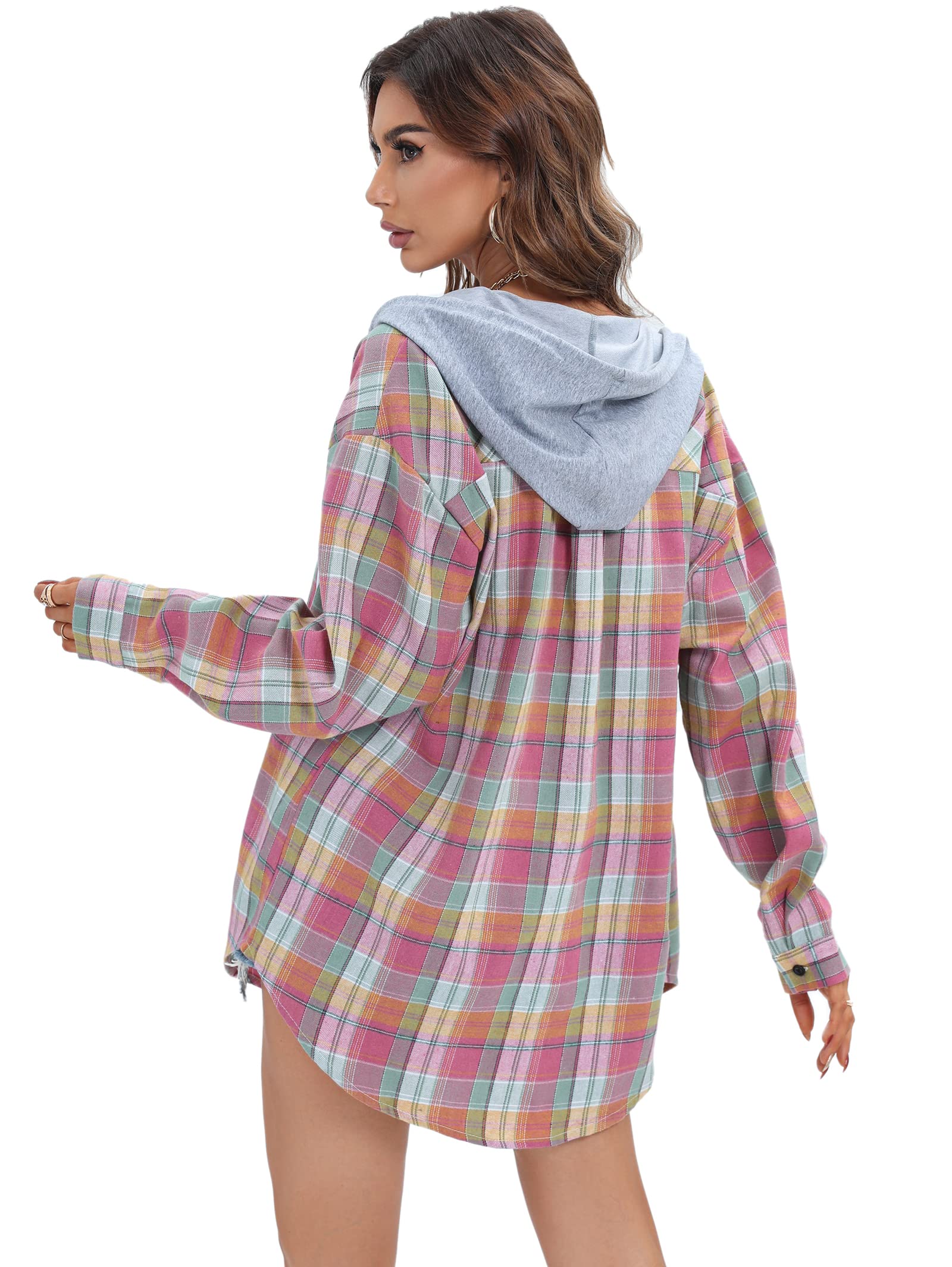 Camicie da donna oversize in flanella con cappuccio a maniche lunghe button down fidanzato a quadri
