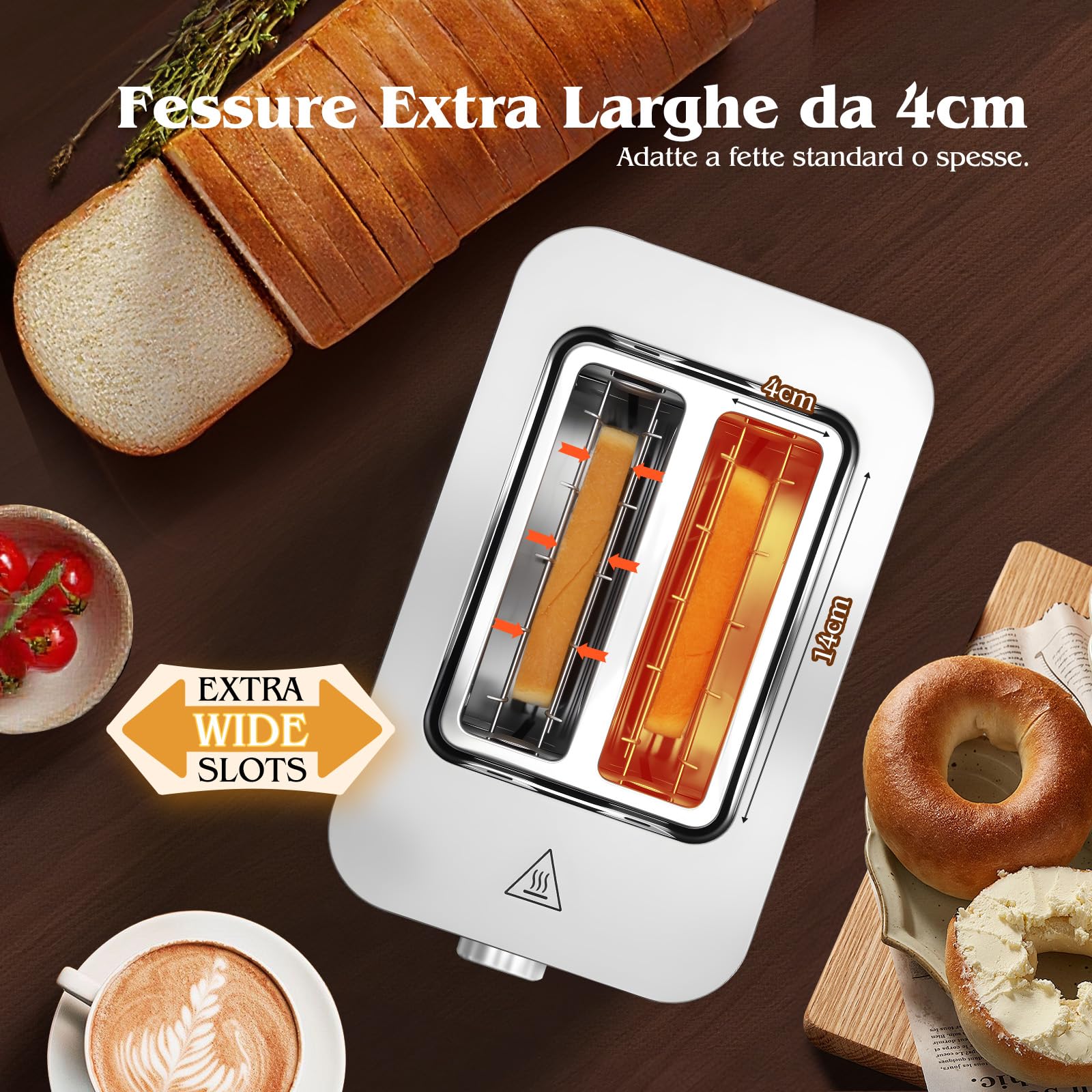 Aigostar Tostapane 2 Fette, LED Touchscreen, Fessure Extra Larghe da 4cm e Centratura Automatica, Tostapane con 6 Livelli di Tostatura, Funzioni di Riscaldamento/Scongelamento/Stop, 850W, Acciaio Inox