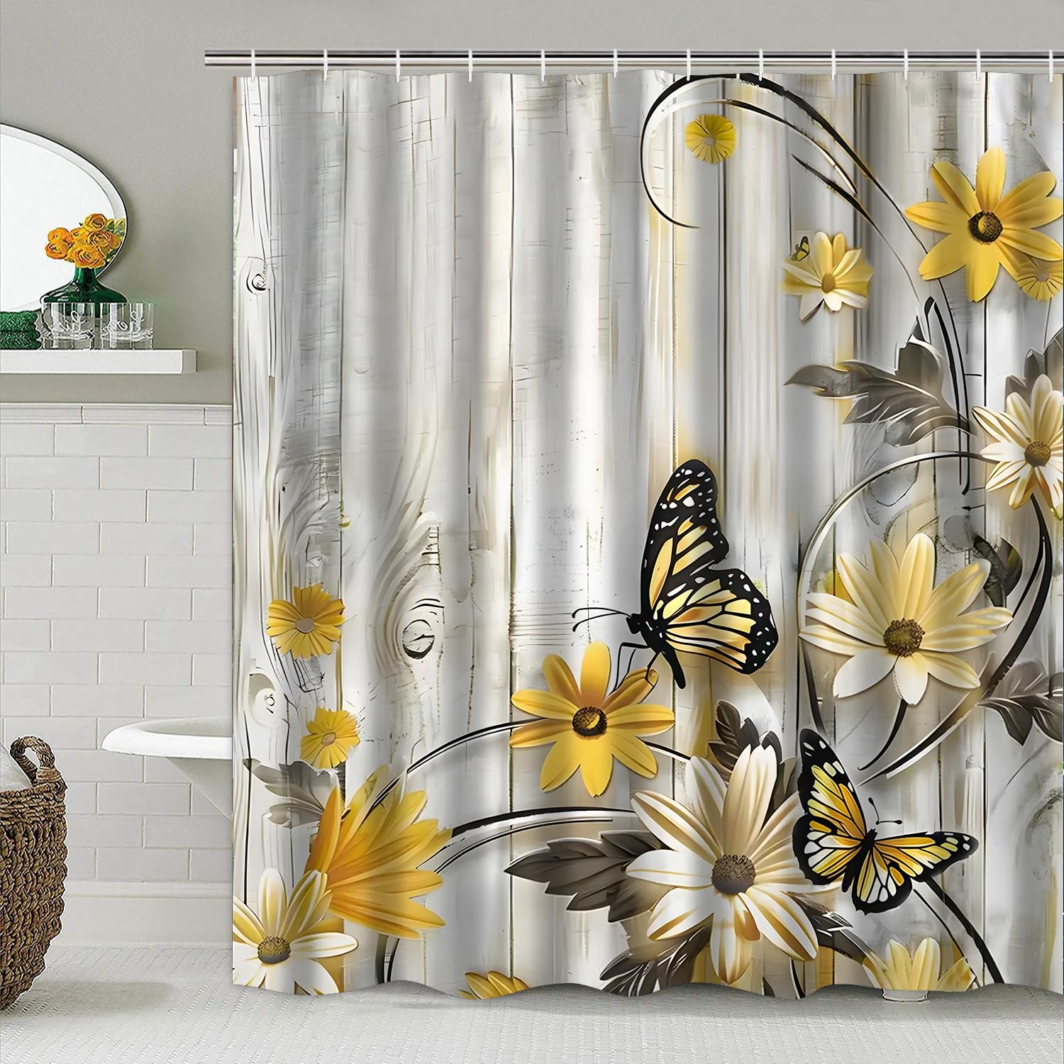 Juego de cortina de ducha con diseño floral de margaritas amarillas, diseño de campo de mariposa para decoración de baño, juego con alfombras, tapa de inodoro y alfombrilla de baño 5