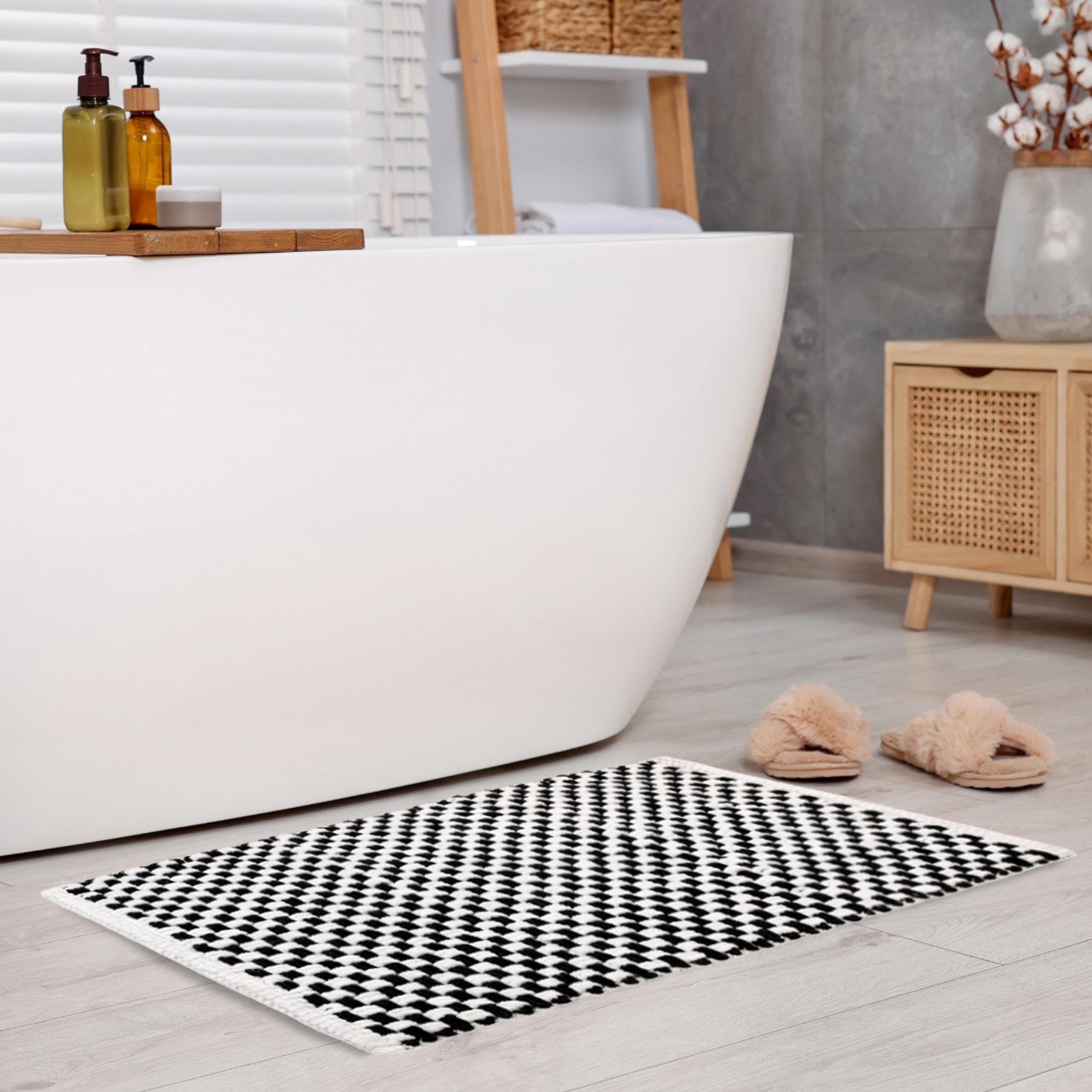 Alfombra de baño Trenzada Blanca y Turquesa 50x80 cm - Microfibra de Felpa Absorbente, gramaje Alto (Blanco-Negro)