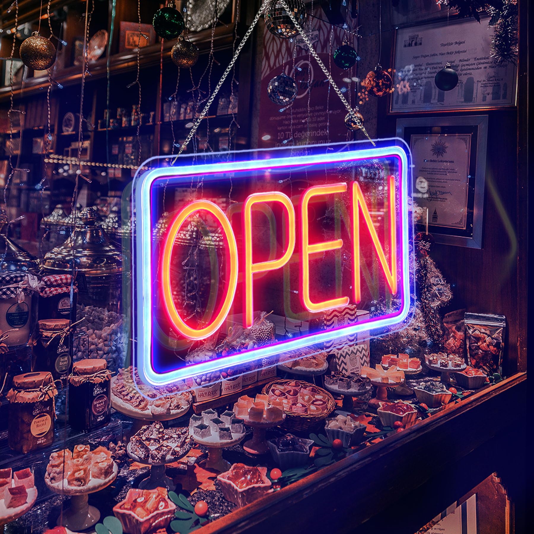 Open Signs for Business,Neon Open Sign Led,16.5"x 9",with Open/Closed Bussiness Hour Sign Set,Light for Bar Coffee Salon Store Window,12V/1A Adapter
