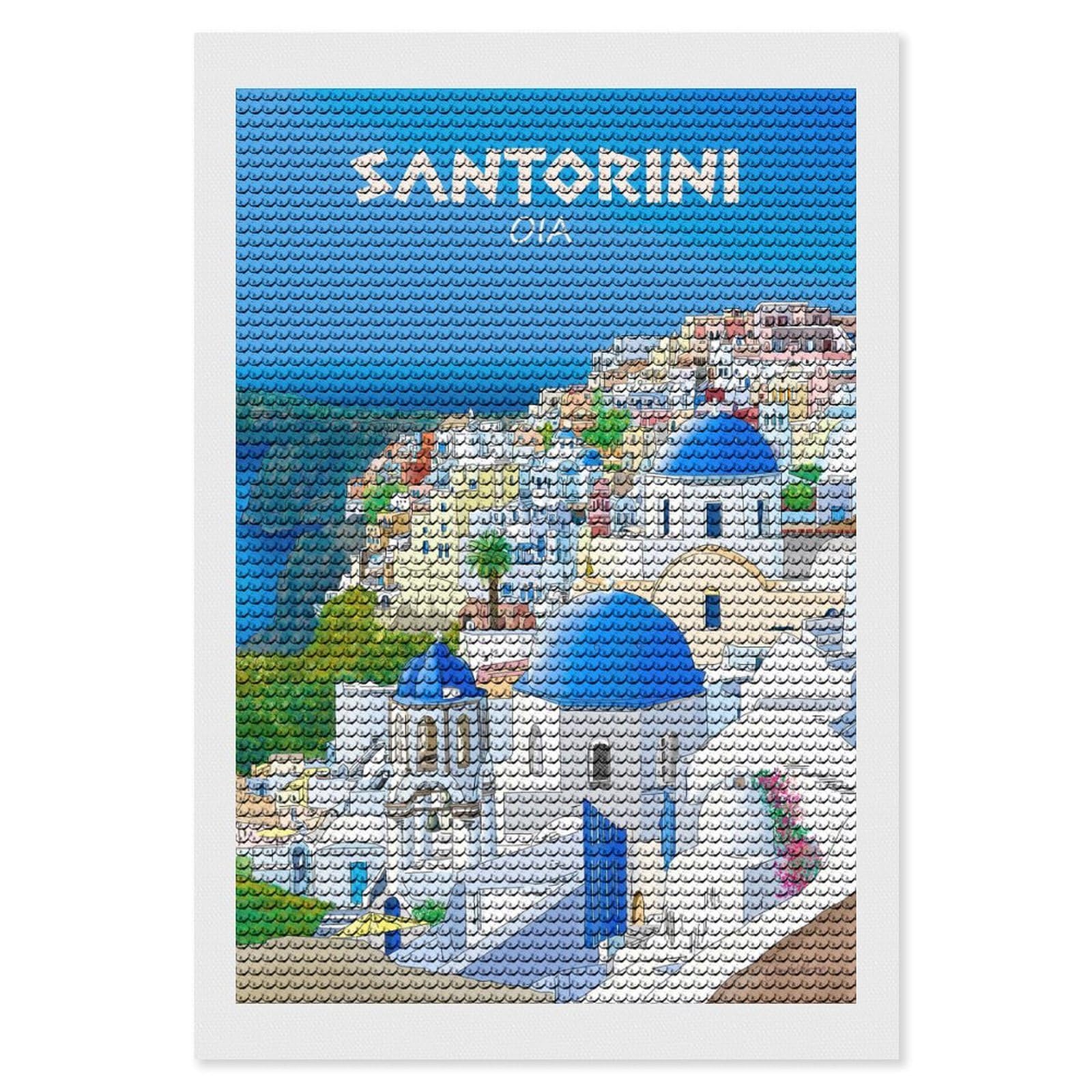 Junmoney Santorini Oia Greece Travel Illustration Round Drill Diamond Painting 8"x12", for Adults, Creative Leisure Activity, Office Decor, Holiday Gift Idea