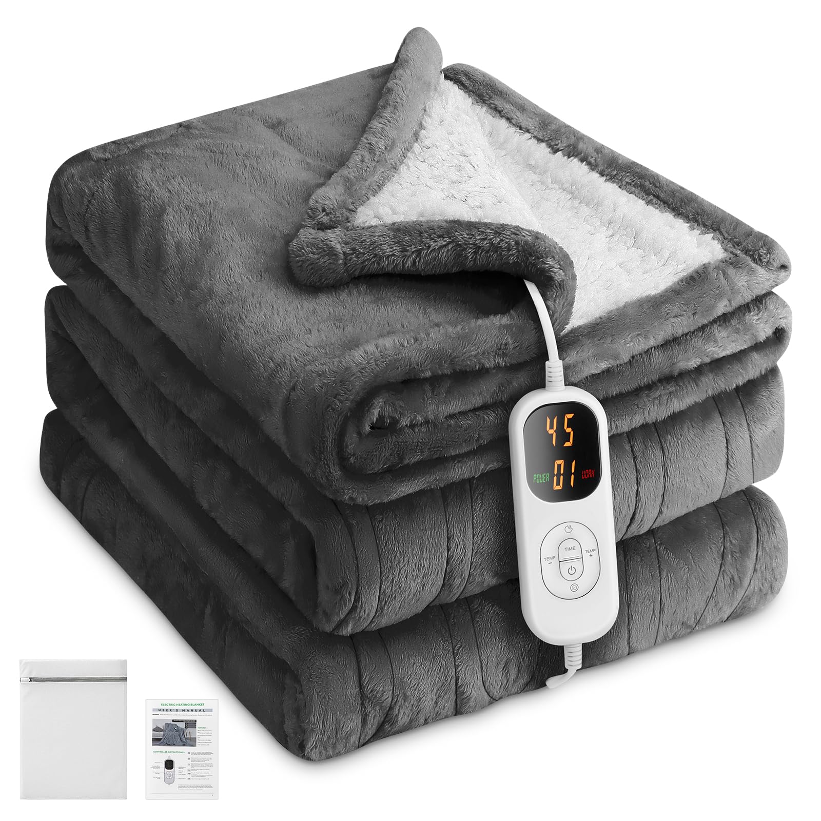 Electric Blanket, 130x180cm Flannel Thermal Blanket with 8 Temperature Settings, 12H Timer, Auto Off, Machine Washable, Electric Blanket (Dark Grey)