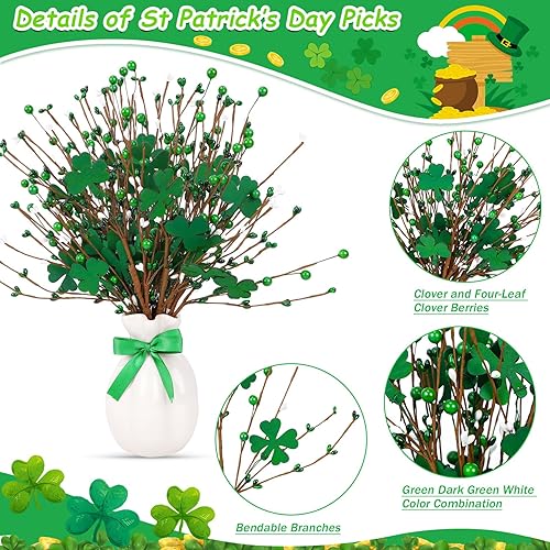 Miniatura 3 de JUNEBRUSHS Decoraciones del día de San Patricio, paquete de 6 palillos de trébol artificiales, ramas de bayas en forma de trébol con 2 rollos de