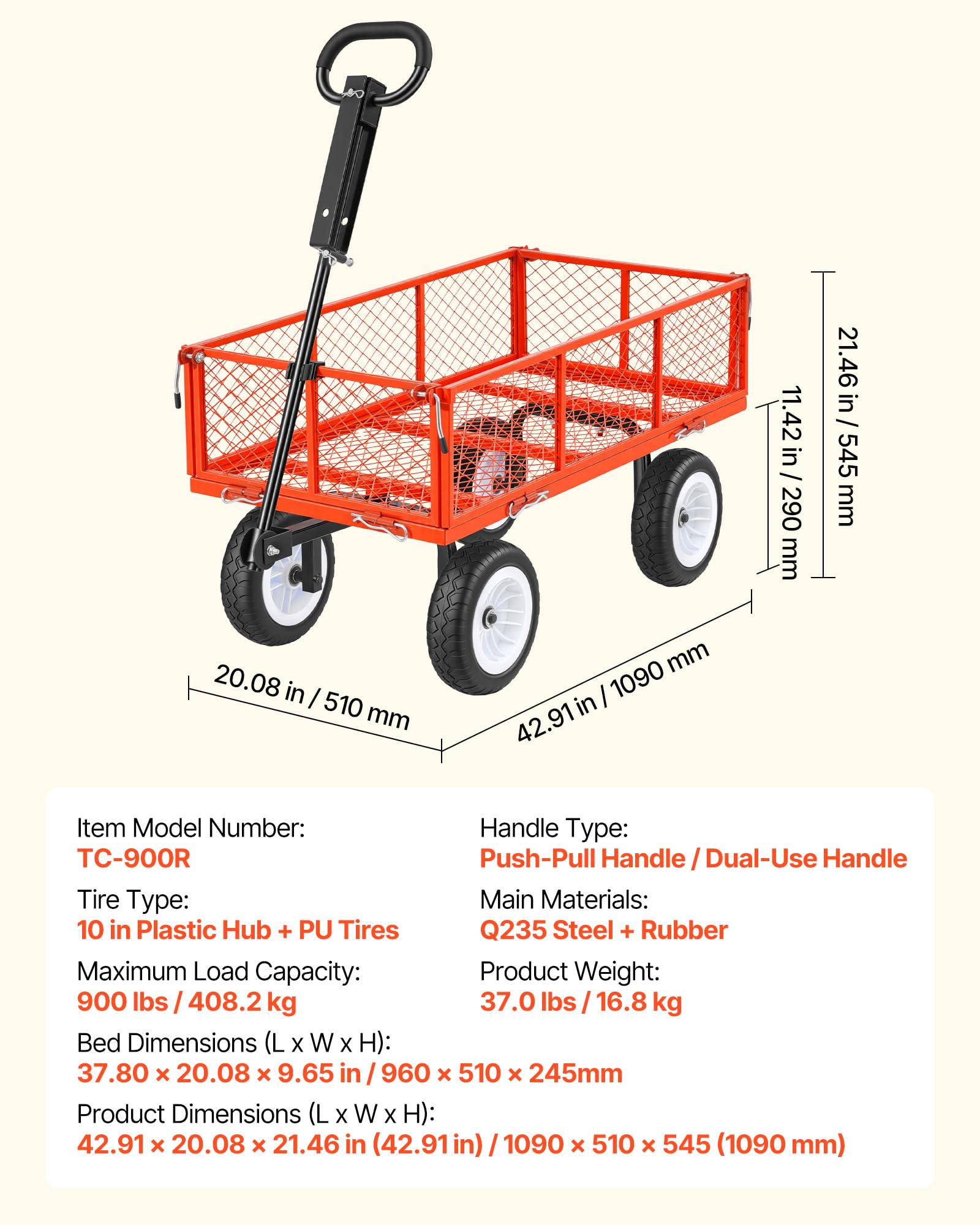 VEVOR Stalowy wózek ogrodowy 408 kg, uchwyt 2 w 1, wytrzymały, ciągnący wózek ogrodowy z 25 cm oponami bez płaskich, do użytku na zewnątrz, z odłączanymi panelami bocznymi, do ATV lub traktora