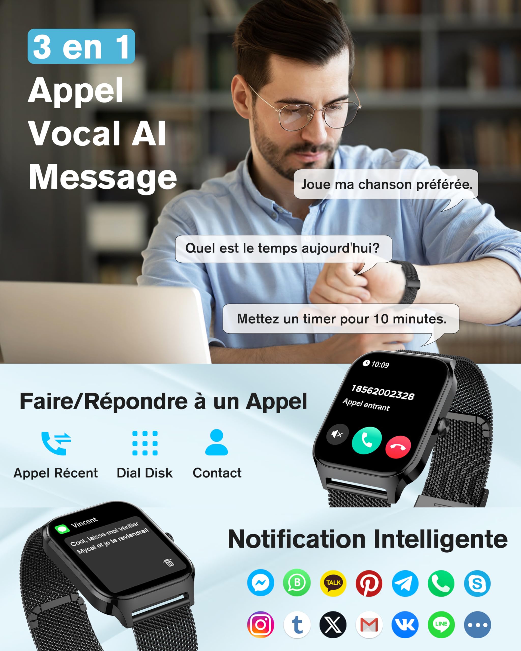 KALINCO Montre Connectée Homme Femme, 1.85" AI Smartwatch avec Appel Bluetooth, Pression Artérielle, Podometre, Sommeil, Cardiofrequencemetre, 100+ Sport Bracelet