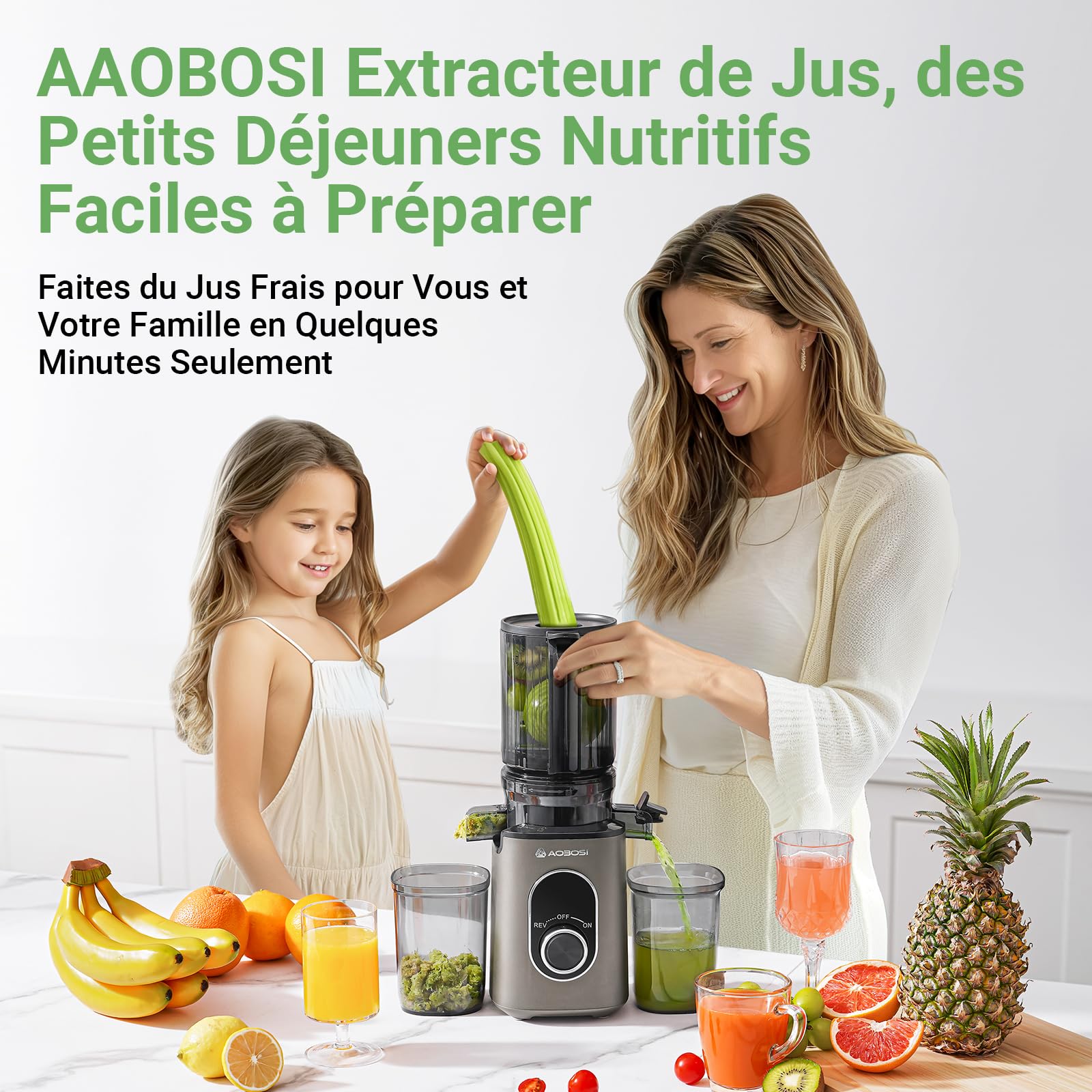 AAOBOSI Extracteur de Jus Fruits Légumes 110 mm Mastication Inversée Sans BPA 2 Tasses Brosse