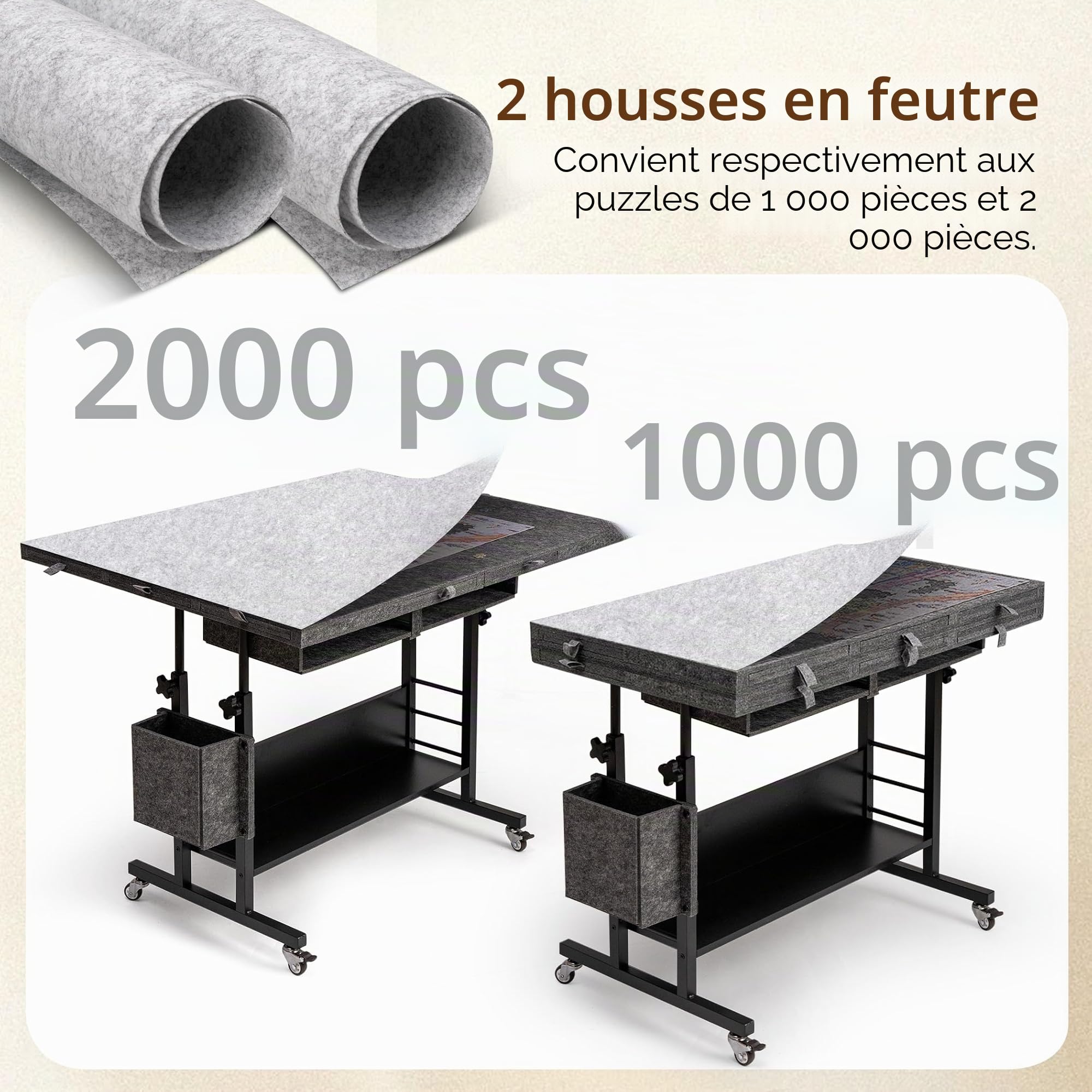 Tektalk Table de Puzzle Pliable en Feutre de 2000 pièces avec réglage de la Hauteur, Planche de Puzzle pour Adultes avec 2 couvertures et 8 Plateaux de tri/tiroirs, chevalet avec Pieds, fermée avec 4