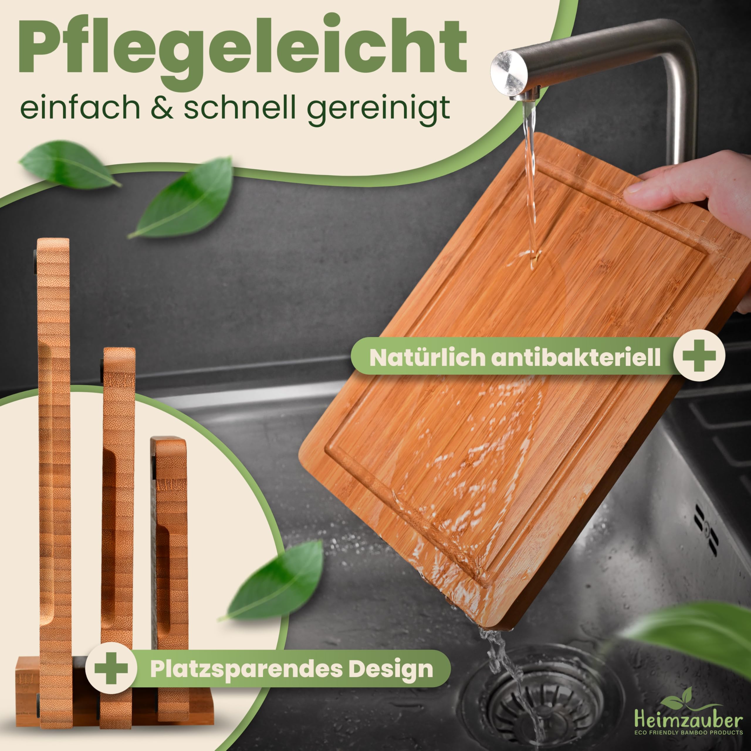 Schneidebrett Holz 3er Set | Premium Frühstücksbrettchen | Bambus Massiv 2cm dick | inkl. Ständer | Holzbrett Servierplatte mit Saftrille für die Küche