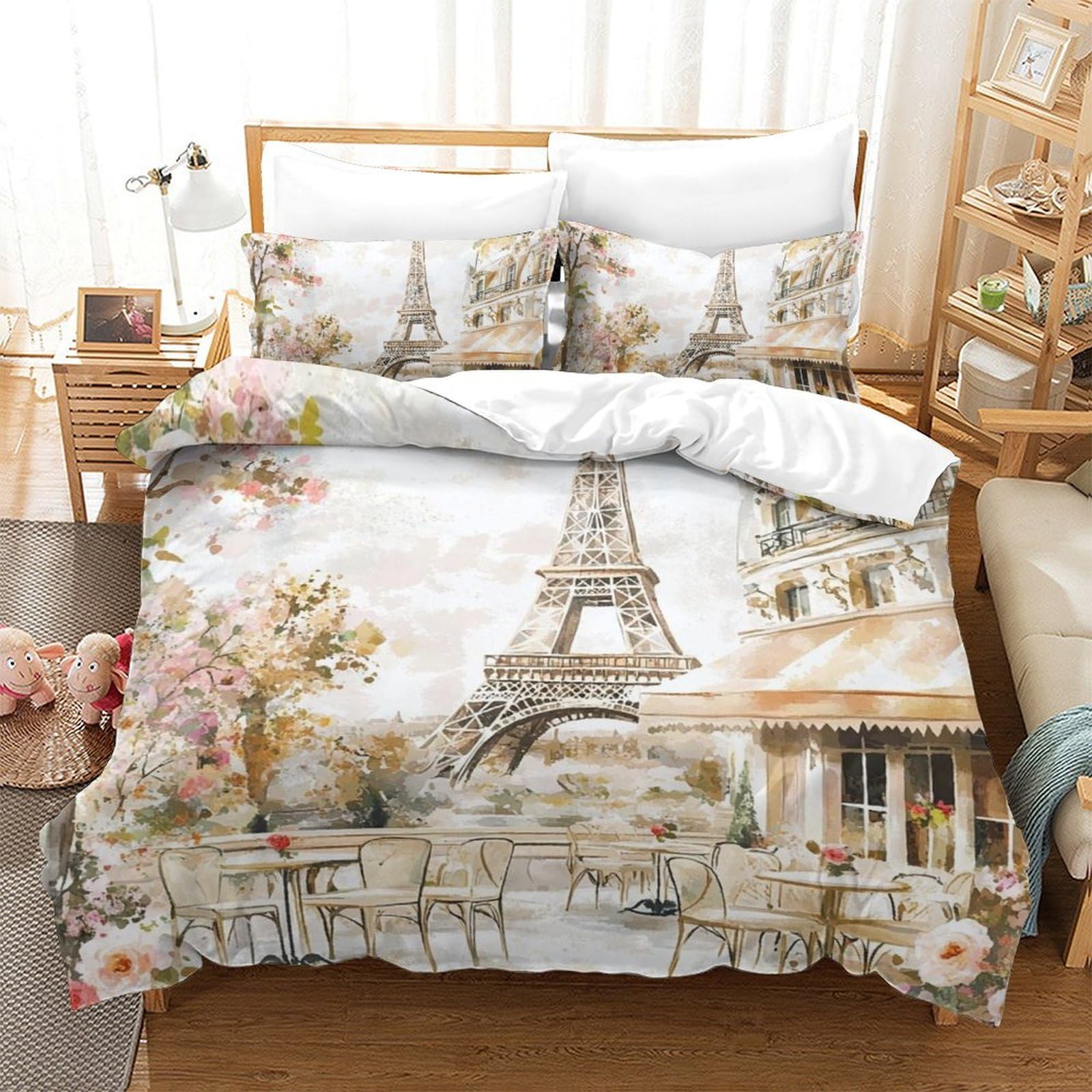 Parure de lit 2 personnes super king avec housse de couette microfibre imprimée Paris 3D