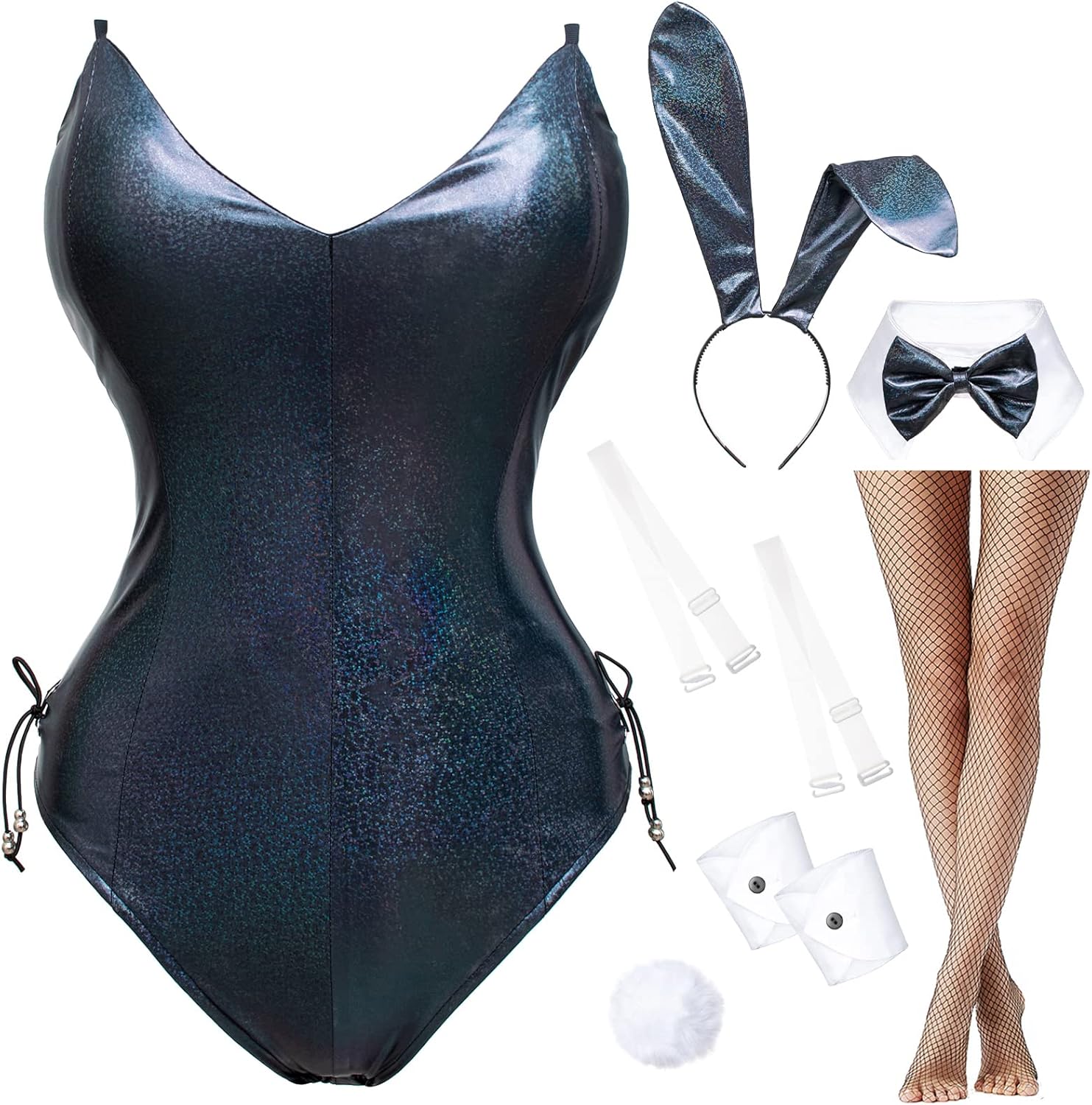 Womens Bunny Costume Girl Bodysuit Holographic Shining Suit Sparkle Costume Senpai Cosplay Bodysuit One Piece stockings Set