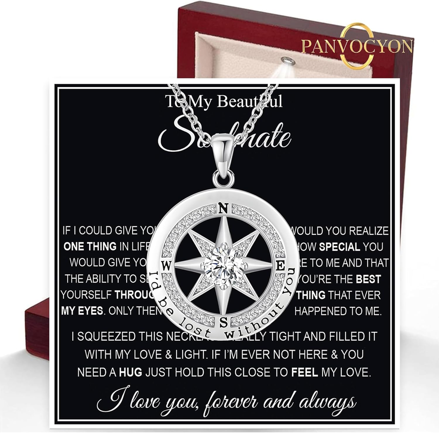 To My Wife Necklace From Husband Compass Necklace For Women Soulmate Future Wife Girlfriend Jewelry Birthday Christmas Valentine's Gifts With Message Card & LED Box - Image 2