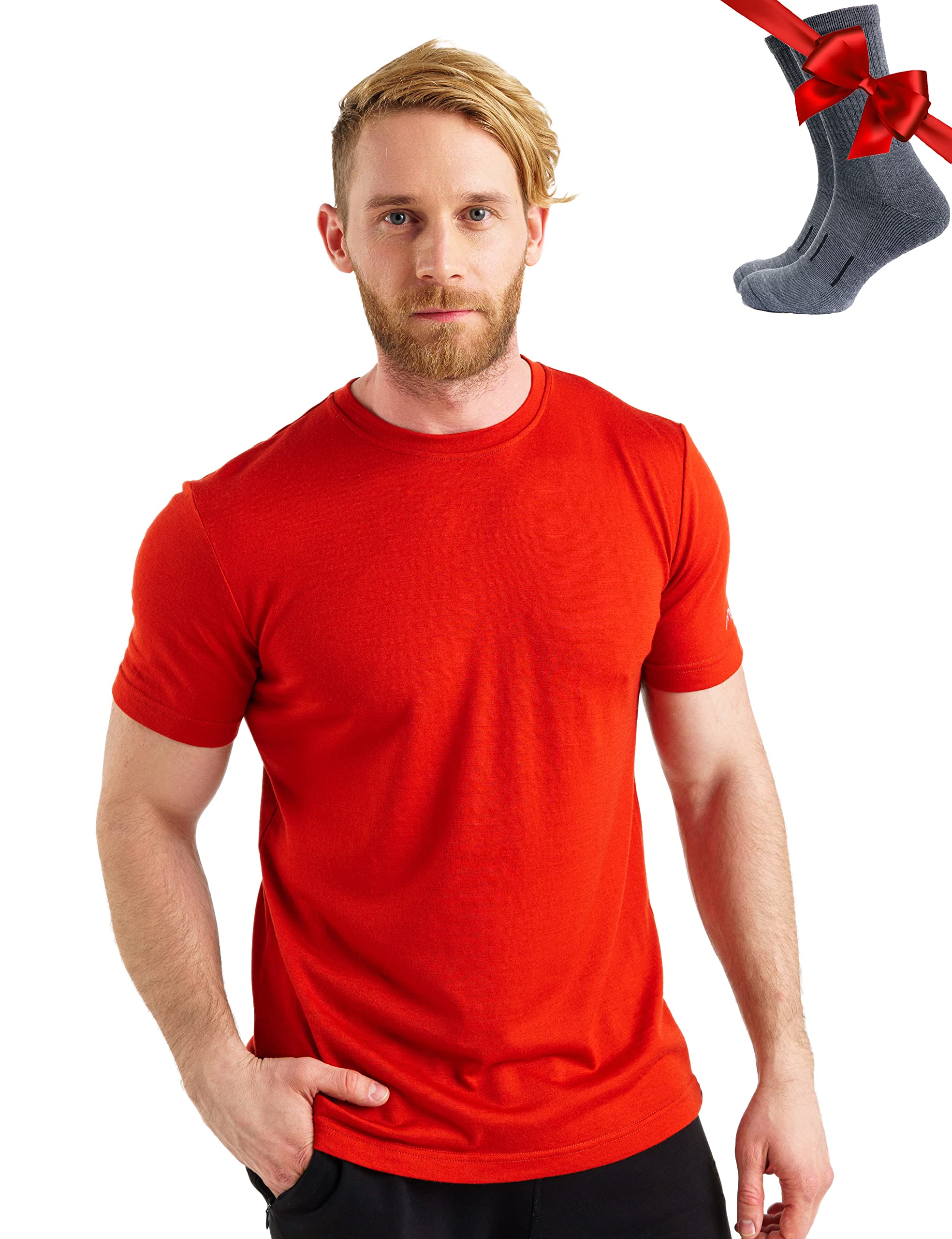 Merino.tech Men's Red Merino Wool T Shirt - Merino Wool Base Layer Undershirt Lightweight + Hiking Socks(Xx-Large, )
