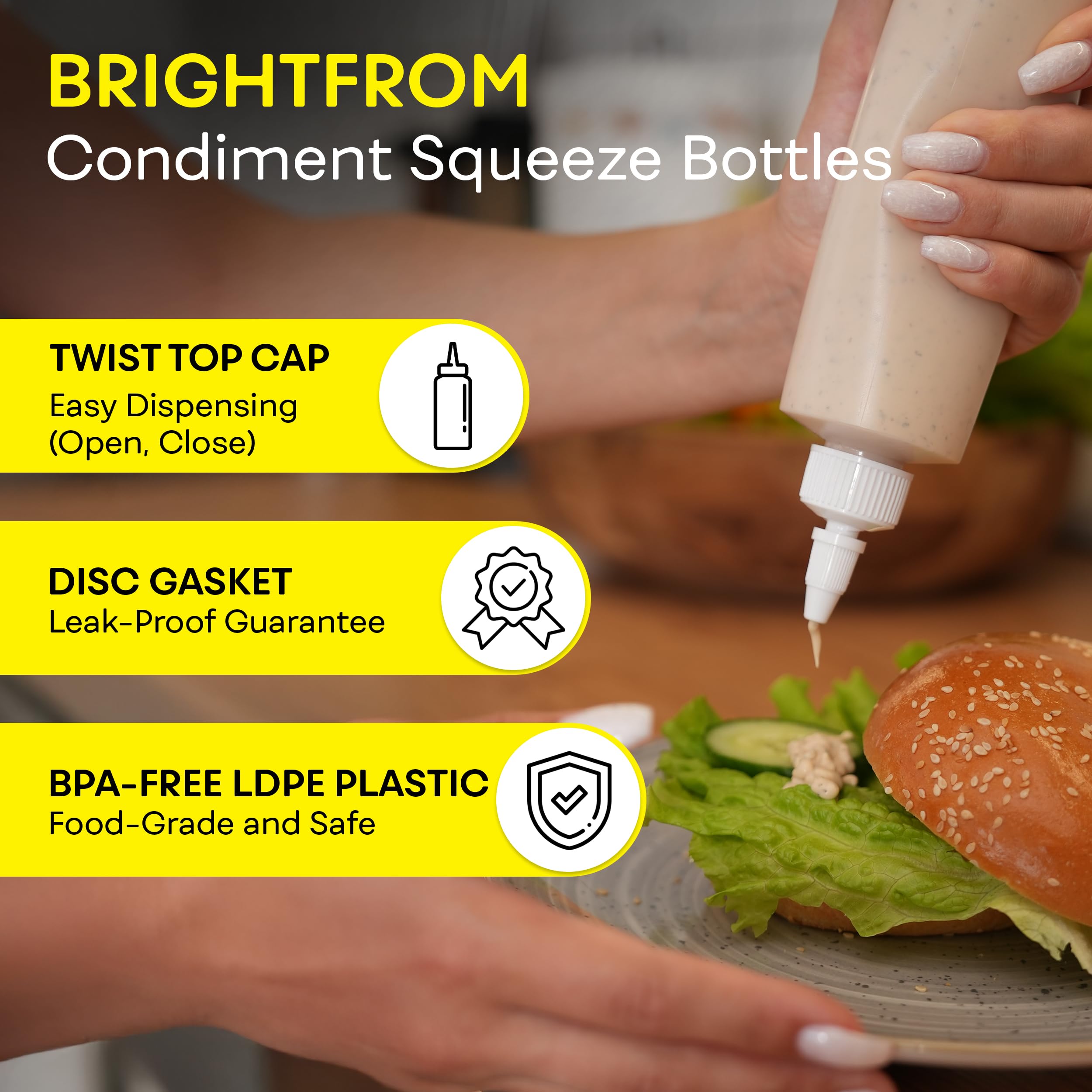 BRIGHTFROM Botellas exprimibles de condimentos, botella vacía de 8 onzas con tapa superior giratoria, a prueba de fugas, ideal para ketchup, mostaza, jarabe, salsas, aderezo, aceite, artes y