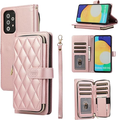 Funda tipo cartera para Samsung Galaxy A53 5G con correa de muñeca desmontable, más de 9 ranuras para tarjetas, monedero con cremallera, soporte de