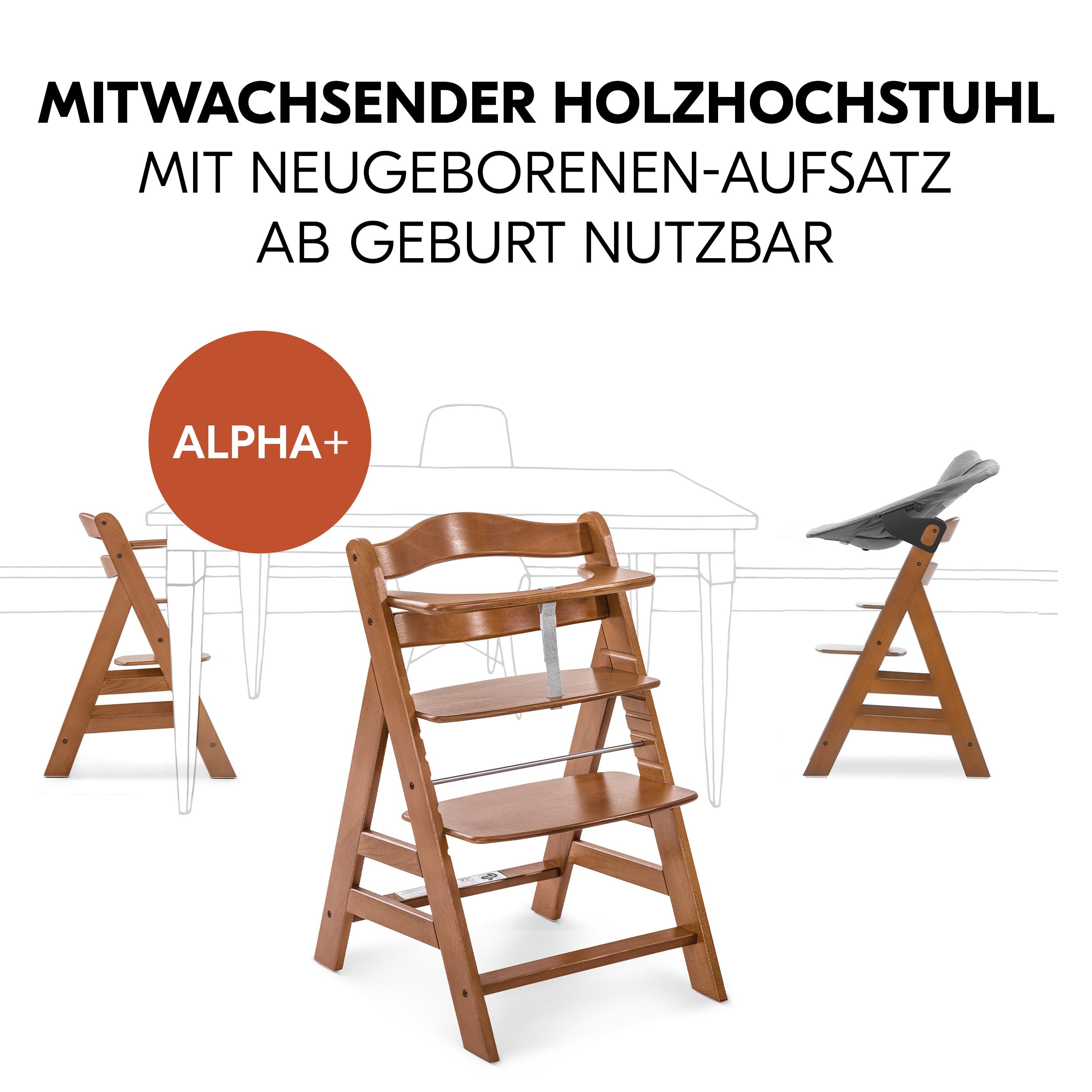 hauck Alpha+ Newborn Set mit Premium Bouncer Dark Grey - Baby Holz Hochstuhl ab Geburt mit Liegefunktion - extra flacher Aufsatz für Neugeborene & Sitzpolster - Walnuss - 4