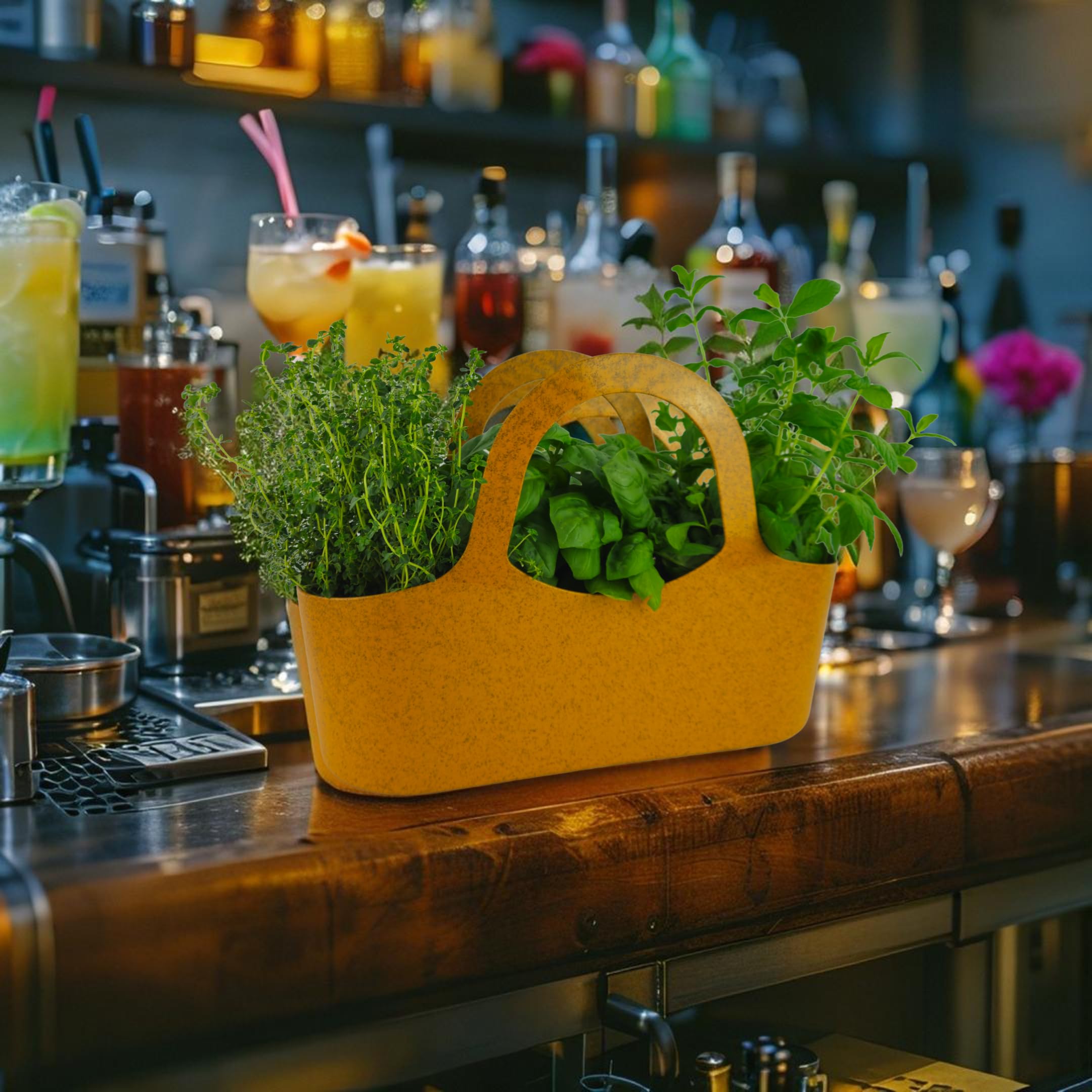 Tera - Bolsa porta plantas aromáticas y macetas de interior y exterior – Jardinera de balcón de polipropileno reciclado, resistente a los rayos UV, con asas, 43 x 18 x 31 cm – Ideal para albahaca