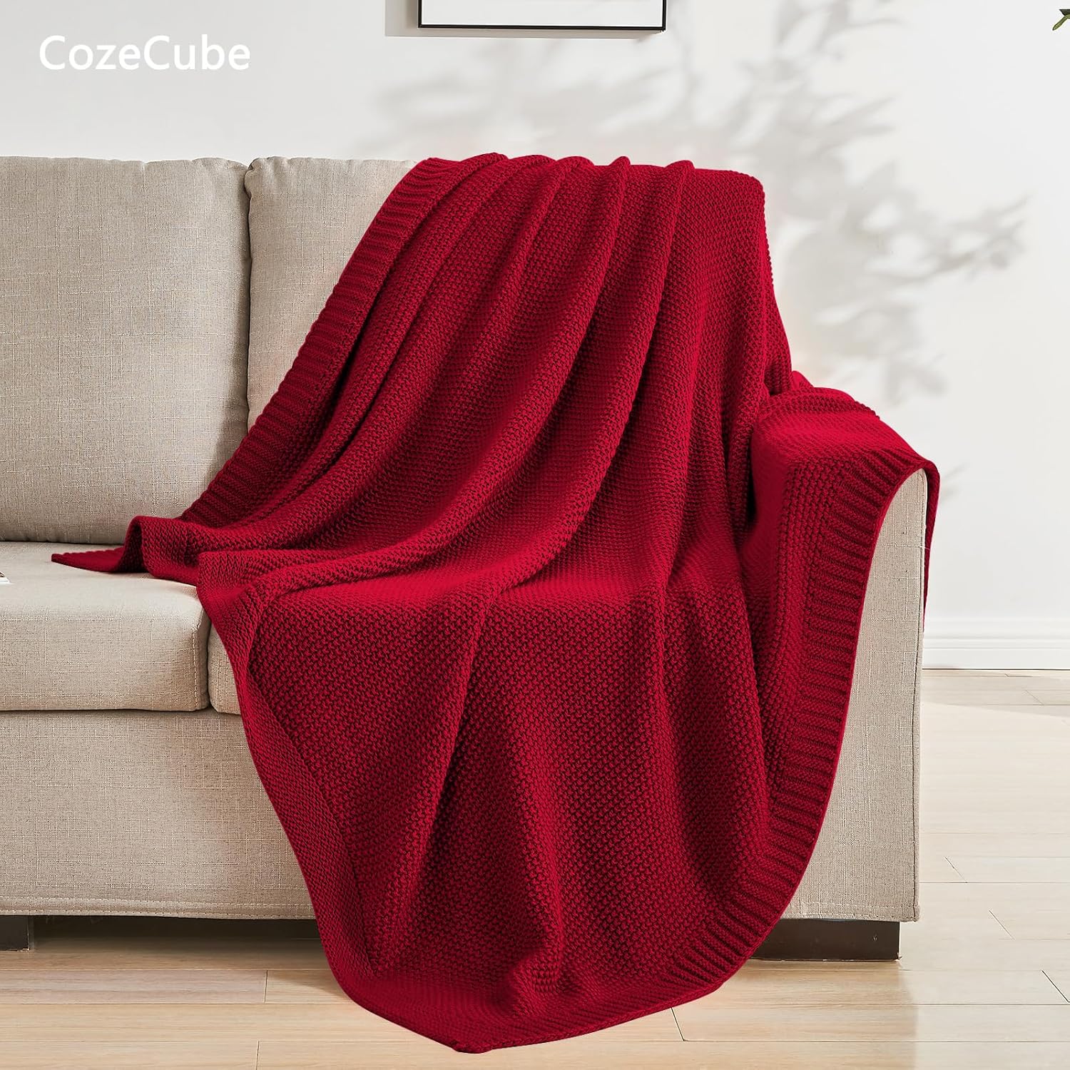 CozeCube Christmas Red Throw Blanket for Couch, Soft Cozy Cable Knit Throw for Bed Sofa Living Room, Lightweight Warm Decorative Farmhouse Christmas Blanket, 60"x80", Red - Image 4