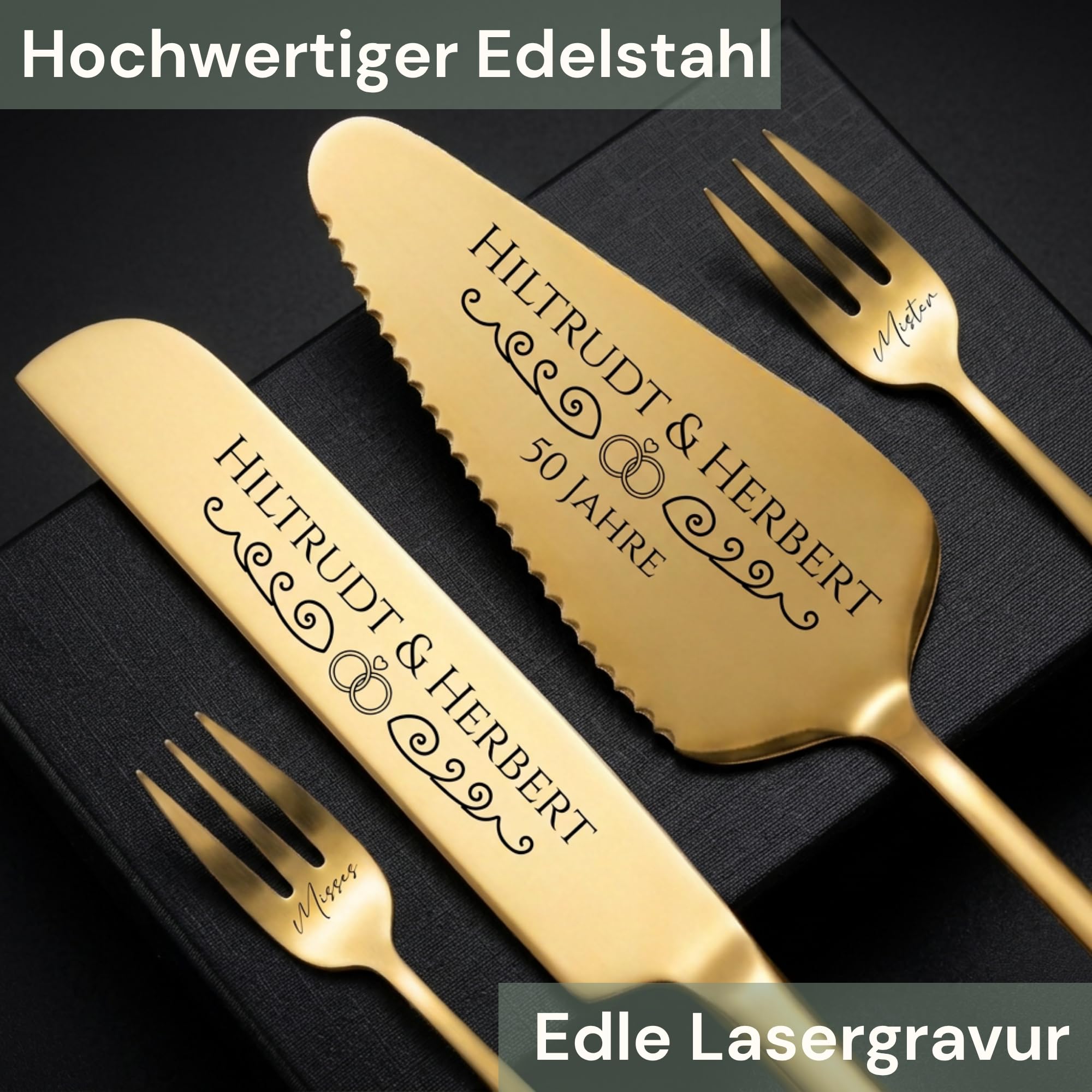 SMARTEON Let's Eat Cake Cake-Server Set mit Tortenmesser und Personalisierter Gravur – Geschenke für Brautpaar, Geburtstag, Jubiläum,Konfirmation,Kommunion, Muttertag (Gold+Gabeln, Initialien)