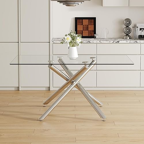Miniatura 3 de Large Rectangular Glass Dining Table with 0.39" Tempered Glass Tabletop and Silver Chrome Metal Legs, for Kitchen Dining Living Meeting Room Banquet