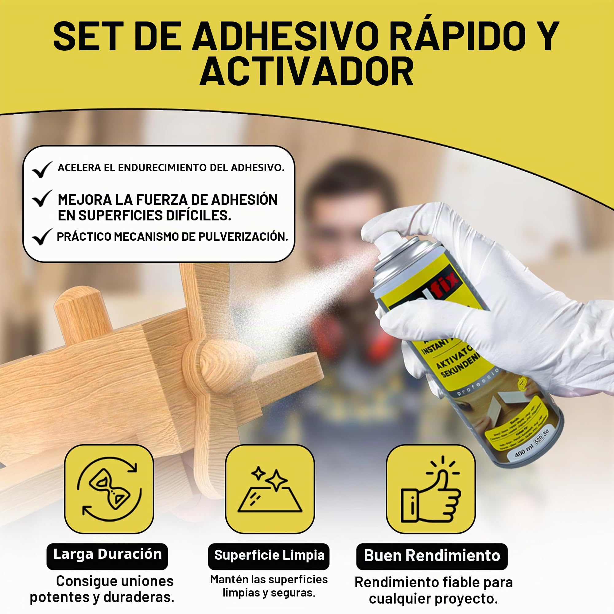 Wolfix Pegamento instantáneo 100 g con activador 400 ml spray para reparaciones universales con alta fuerza de adhesión universal cianoacrilato, juego de pegamento extra fuerte profesional