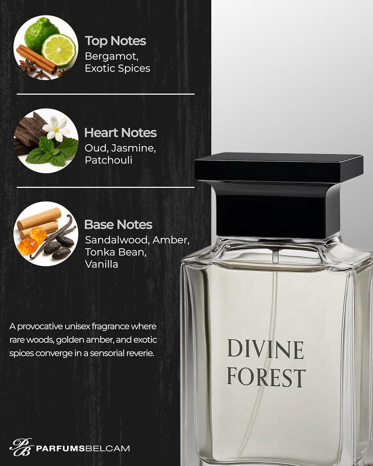 PB ParfumsBelcam Divine Forest Eau de Toilette Spray – Rich Smoky Woody Amber Scent with Oud, Sandalwood & Vanilla – Long-Lasting Fragrance for Everyday Wear for Men & Women, 3.4 fl oz - Image 4