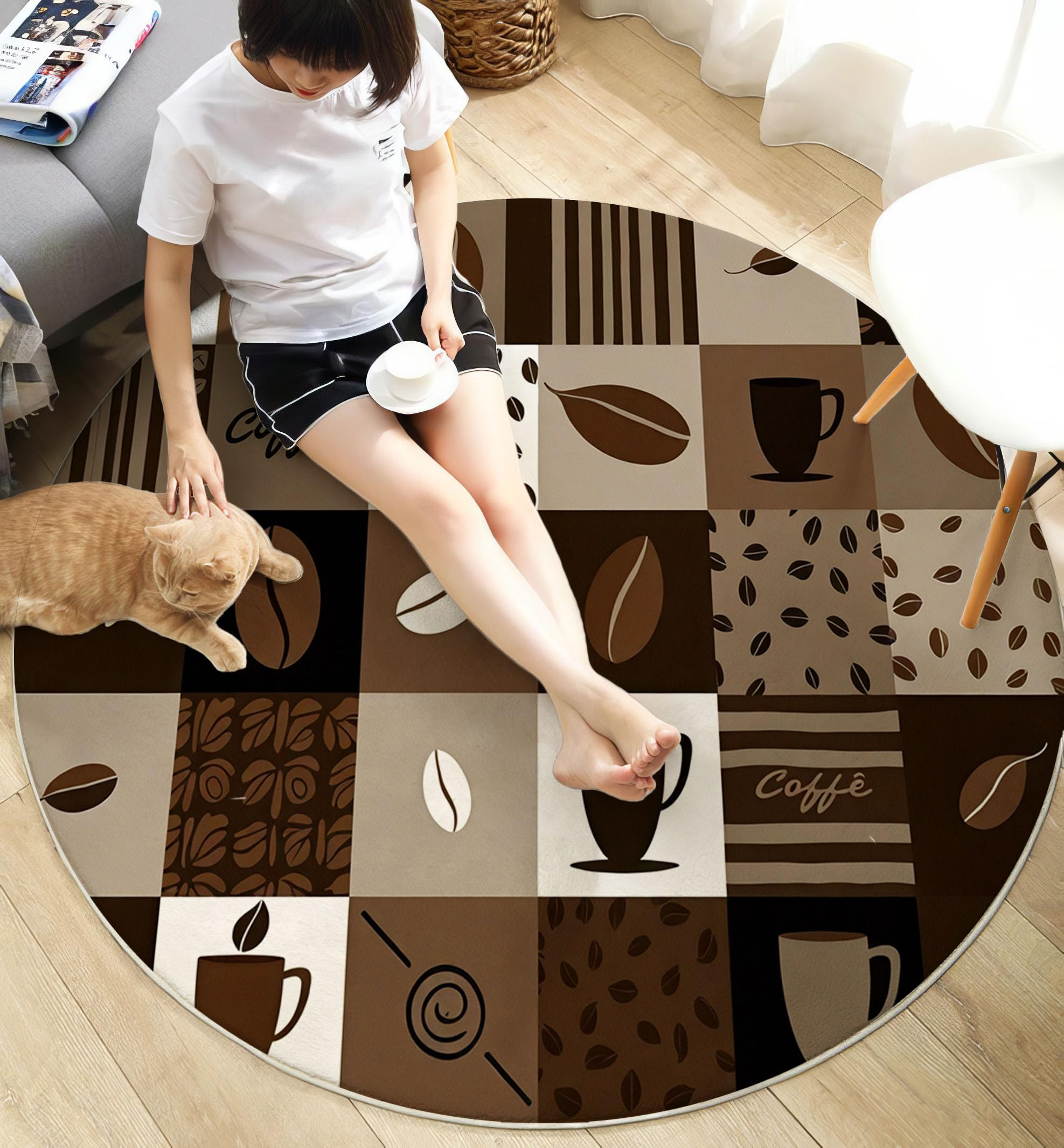 Tapis Rond Thème Café Géométrique pour Salon, 200 Cm, Grand Tapis Patchwork Vintage, Brun Rouille, Lavable Confortable, Antidérapant Doux Facile À Nettoyer pour Chambre À Coucher De Chevet