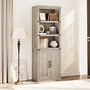 GAOMON Farmhouse Bookcases with Doors, 5 Tier Bookshelf with Storage, 70 inch Tall Bookshelf and Bookcase, Wooden Storage Cabinet for Living Room, Home, Office, Bedroom (Grey)