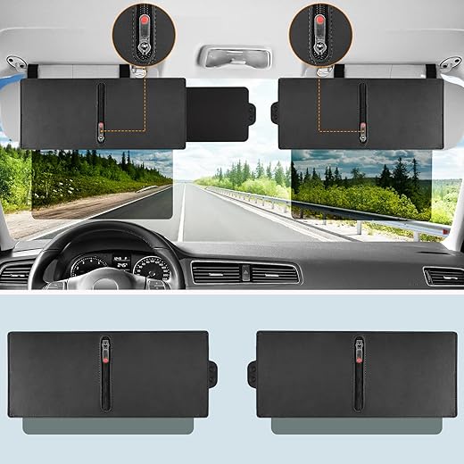 Veharvim 2 Pack Polarized Sun Visor Extender/ Extension with PC Lens and Side Sunshade, Anti-Glare, UV-Filtering for Car with Zipper Slider (Driver + Passenger Side), Upgraded UV400