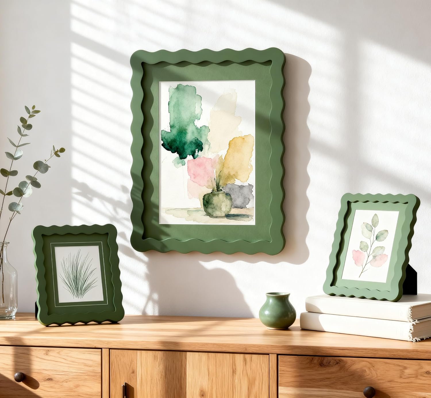 11x14 Green Picture Frame with Mat for 8x10/5x7, Curved Wavy Edge Deco Wooden Real Glass, Vertical or Horizontal Display Photo Gallery Wall & Tabletop Frame