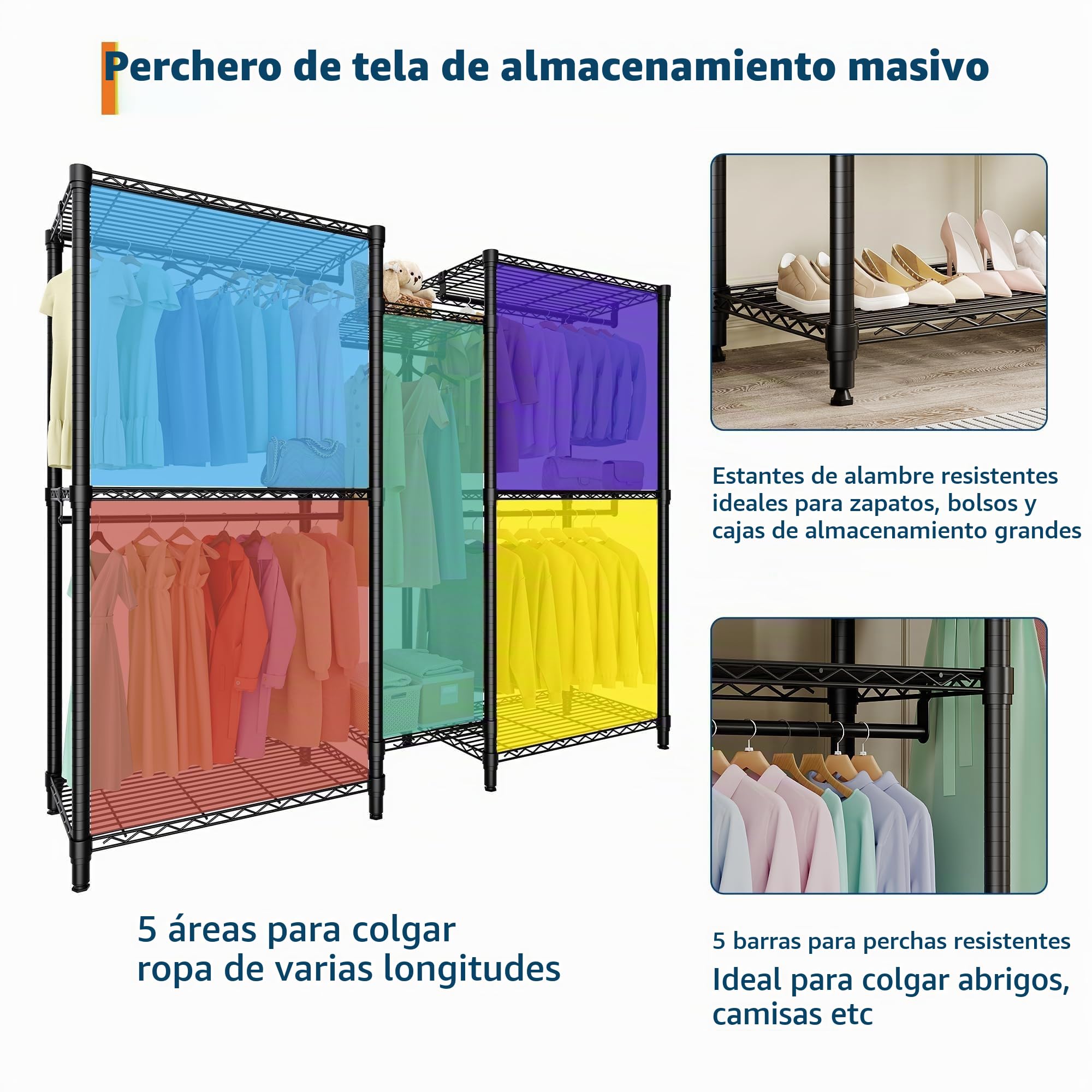 Perchero de Ropa Resistente, Armario Vestidor con 3 Combinaciones, Niveles 3×2×3, Vestidor Profesional para Dormitorio de Adulto, Perchero de Dos Pisos, Negro 195×45×195cm