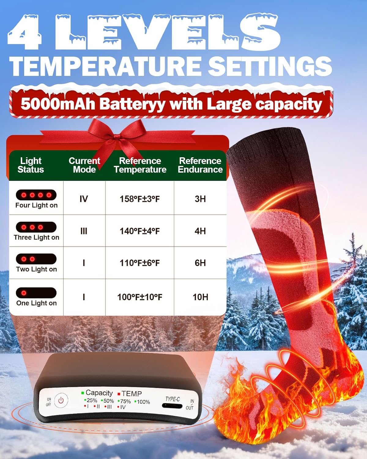 heated socks for men women, 5000 mah rechargeable electric heated socks with 4 heat settings, 360° surround heating washable winter foot warm socks for hunting, skiing, camping, hiking 9-14"