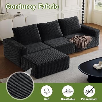 109 Convertible Sectional Couch Sofa, Modern Corduroy 4 Seat L-Shaped Sofa with Deep Seat, No Assembly, Oversized Cloud Couch for Living Room Bedroom, Black