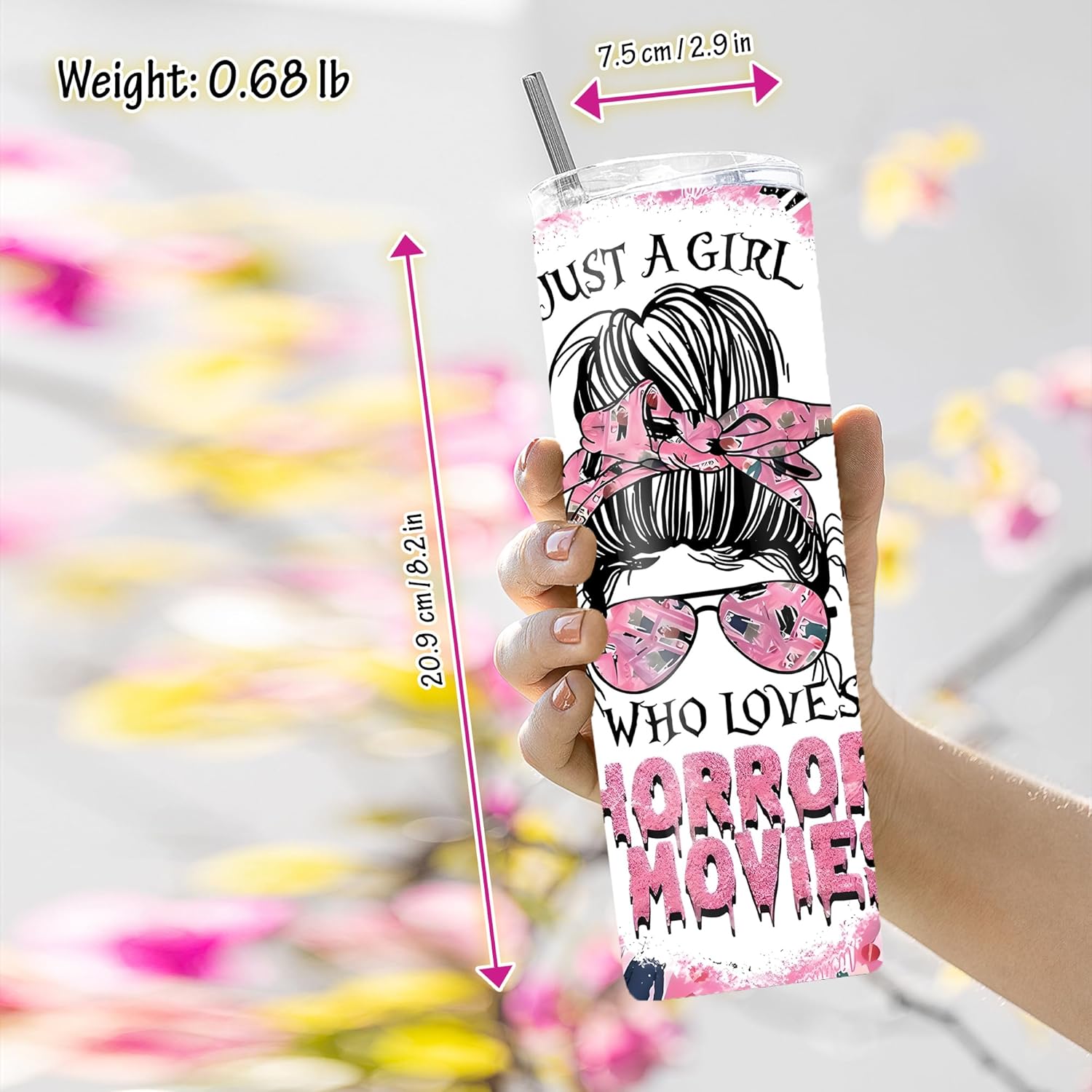 20 oz Insulated Double Wall Stainless Steel Tumbler with Spill Proof Lid and Reusable Straw, Water Bottle Coffee, Just A Girl Who Loves Horror Movies Cup Mug Tumbler (Horror12)