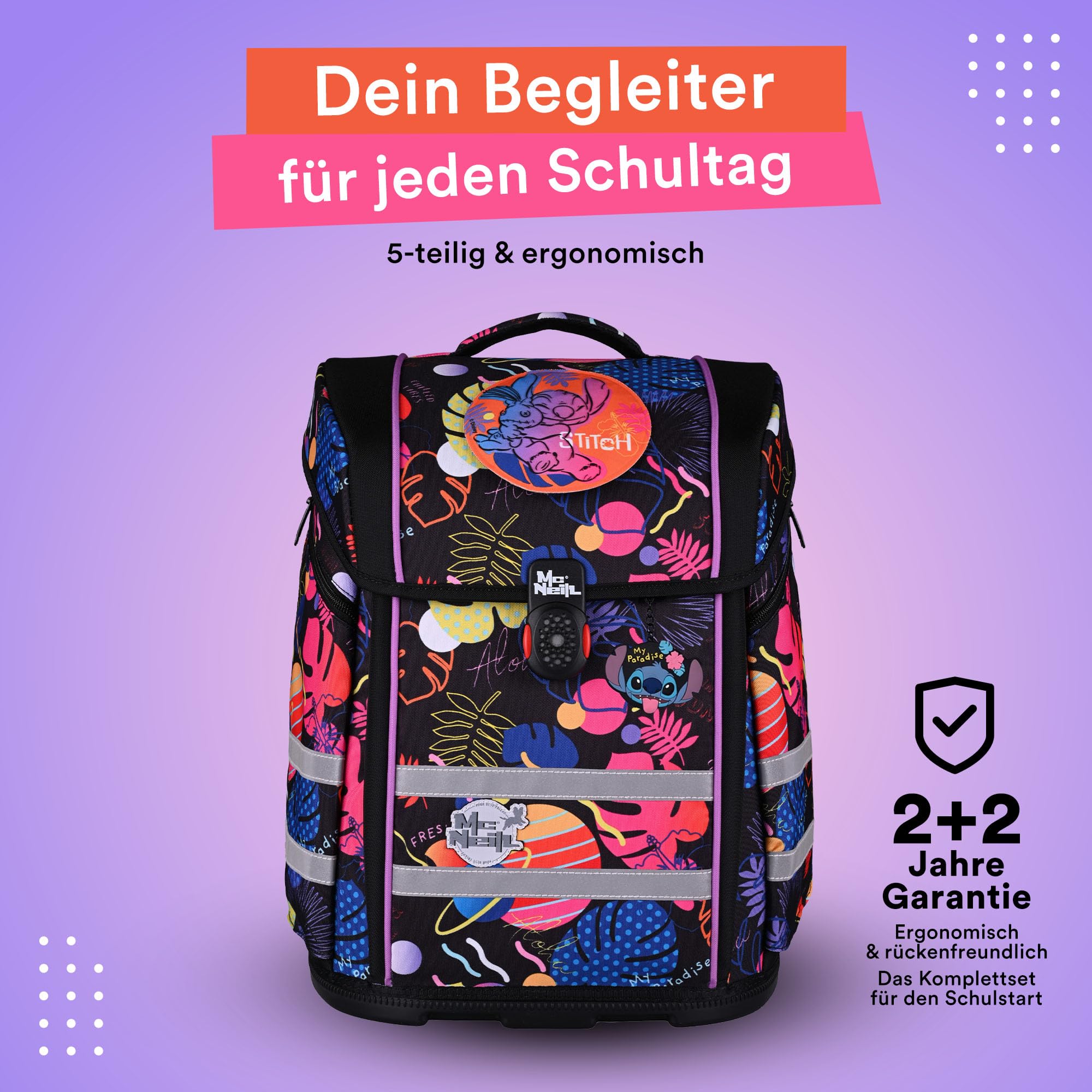 McNeill Stitch III Perfecto SchulranzenSet 5-teilig – Ergonomischer Schulranzen mit gefülltem Federmäppchen, Sportbeutel & mehr im Disney Stitch Design – Reflektierend, mit Brustgurt, für Grundschule