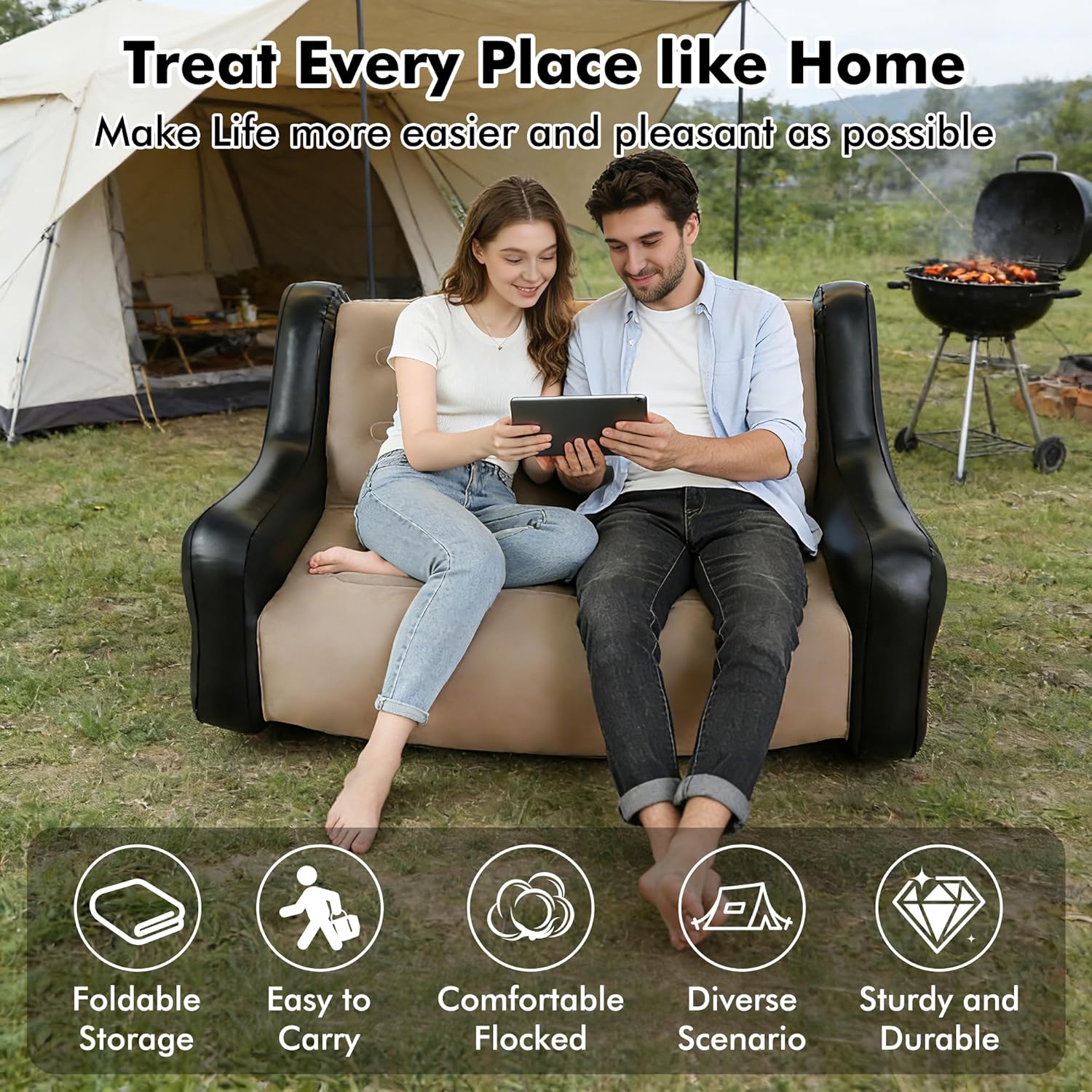 Large Inflatable Leisure Chair, Inflatable Sofa Chair for Outdoor and Indoor Use (Black+Grey, Two-Person Chair)