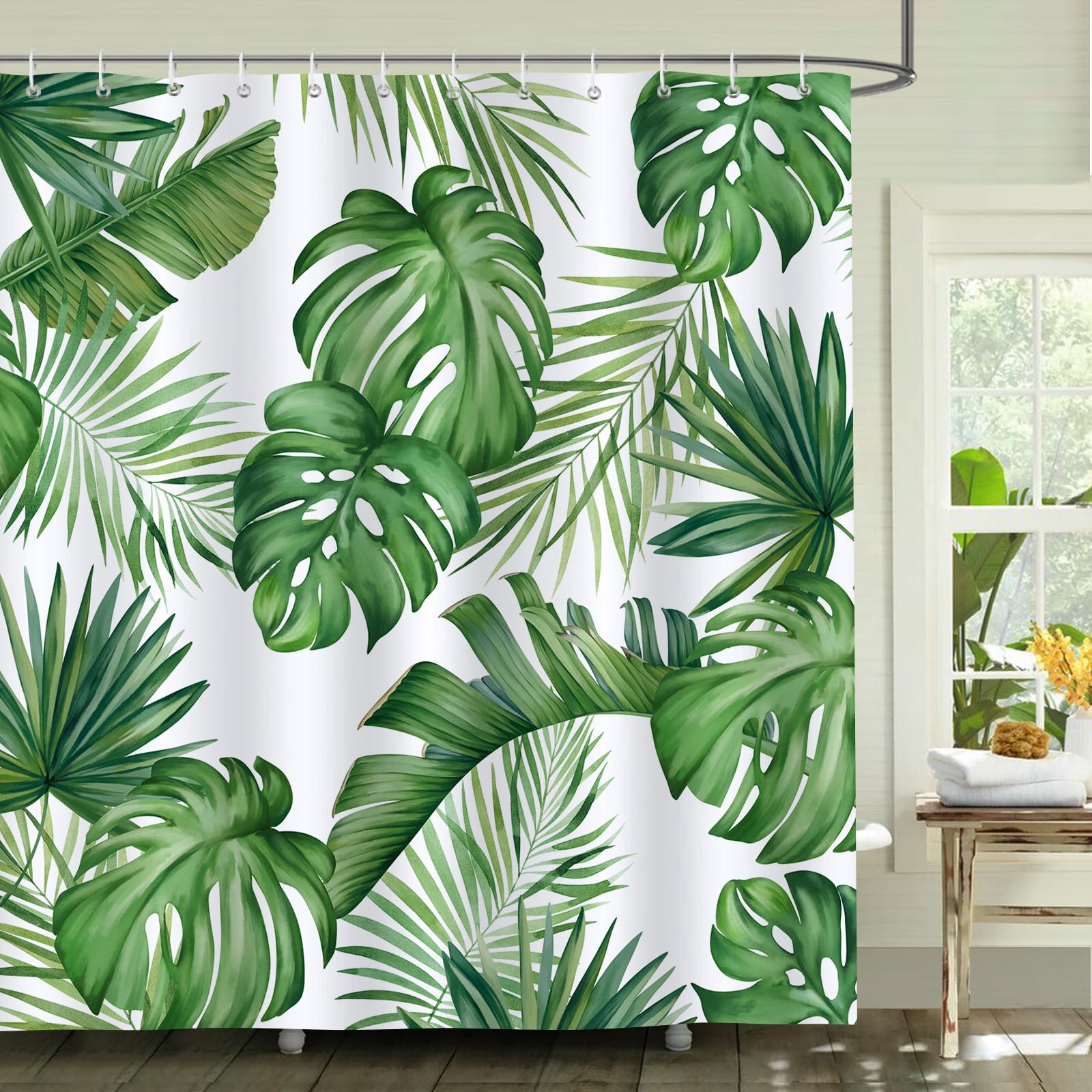 Bonhause Tenda Doccia Foglie di Tropicale Verde Palma Pianta Retrò Tende per Doccia in Poliestere Impermeabile Antimuffa Lavabile Tende Bagno 180 x 180 cm con 12 Ganci