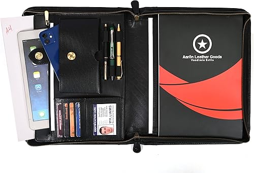 Cartera de negocios de cuero genuino con cremallera, organizador con soporte para bloc de escritura, fácil de llevar, con ranuras para tarjetas de