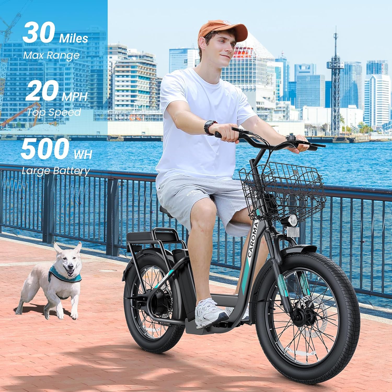 A person riding the Caroma K5 electric scooter, highlighting its 30 miles max range, 20 MPH top speed, and 500Wh large battery