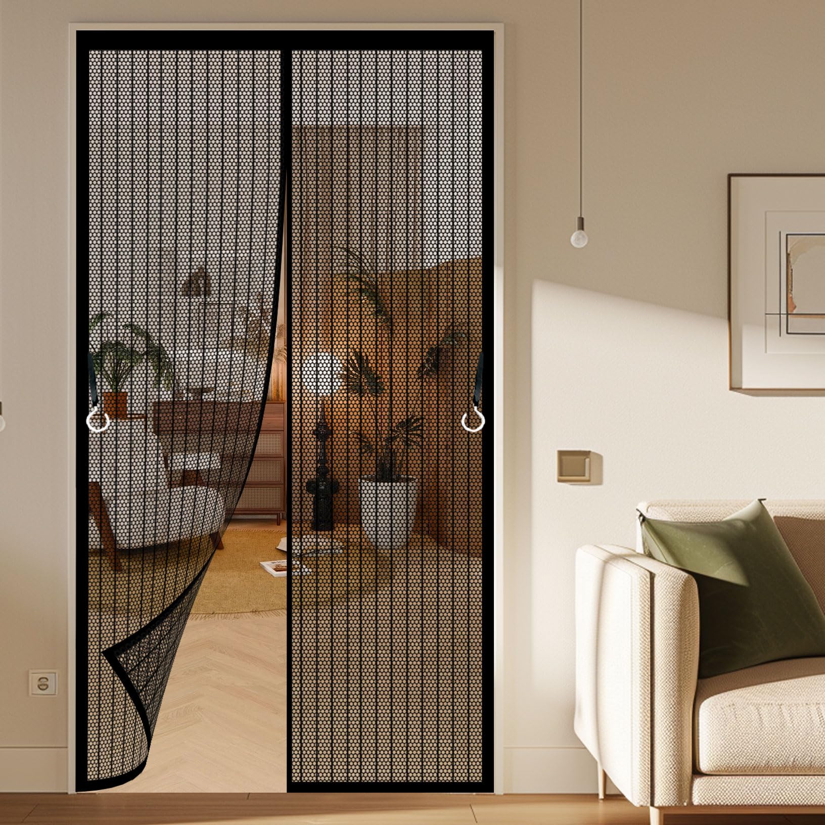 Magnetic Screen Door 136 x 150 cm with Powerful Magnets and Full Frame Magic Tape Bug Mesh Curtain Easy to Install Without Drilling for Living Room, Kitchen, Bedroom, Black