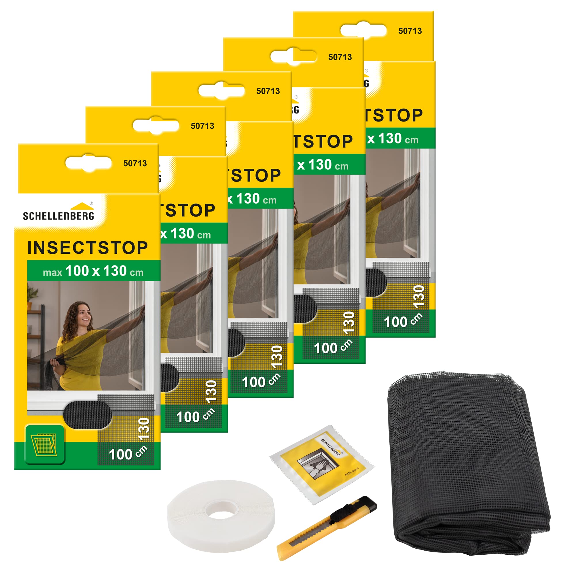 Schellenberg 5er Spar-Pack 50713 Fliegengitter für Fenster Insektenschutz und Mückenschutz inkl. Klebestreifen, ohne Bohren, 100 x 130 cm, anthrazit