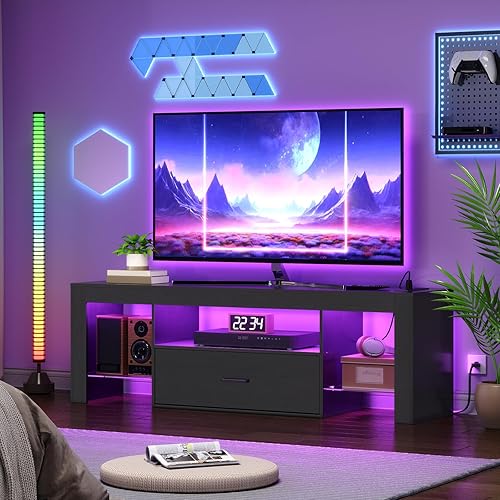 Miniatura 9 de HOOBRO Soporte de TV LED con tomas de corriente para TV de hasta 65 pulgadas, centro de entretenimiento para videojuegos con estantes de vidrio y