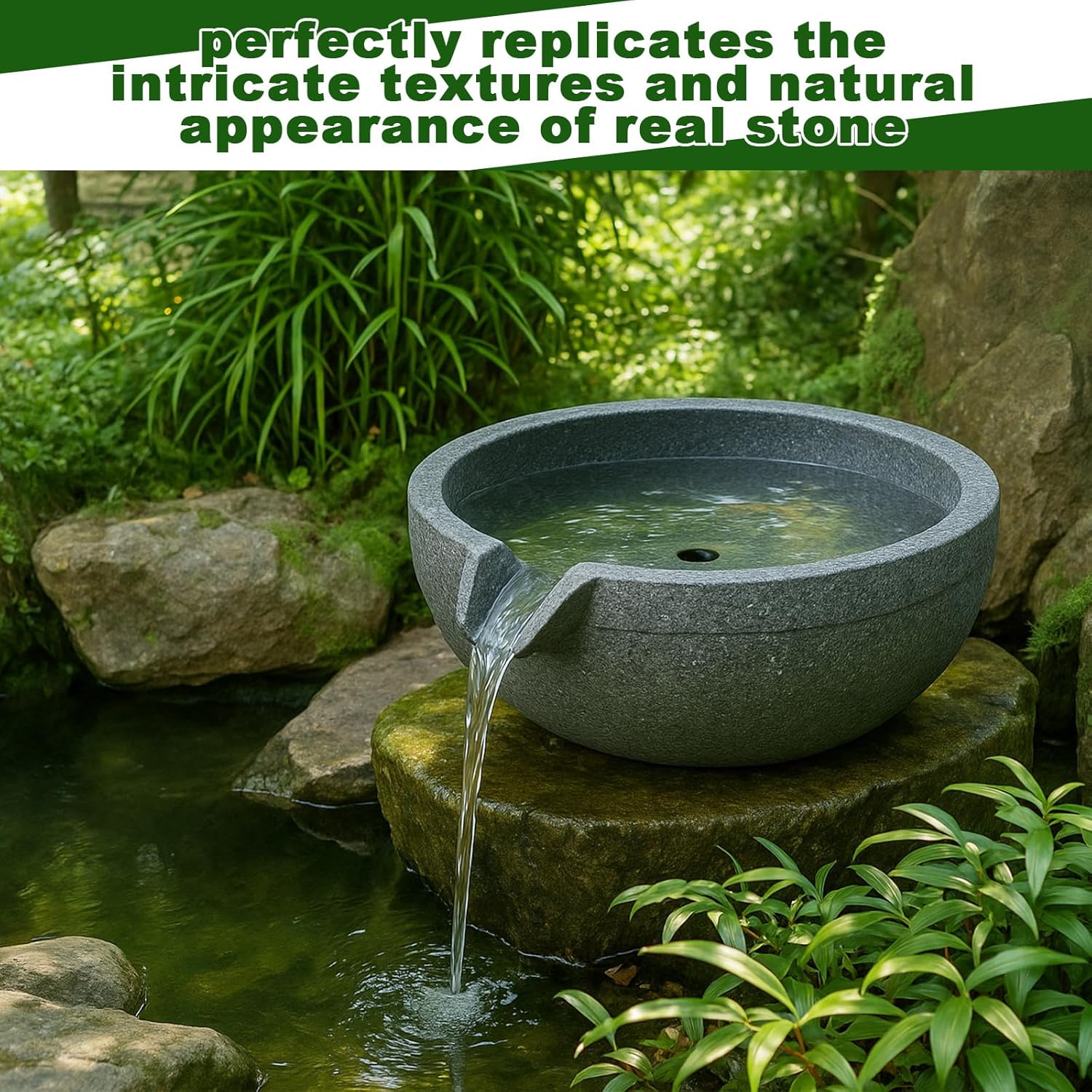 DoubleFill Spillway Bowl Fountain Basin Kit, 13.7 Inch Realistic Stone Resin Waterfall Spillway for Ponds, Gardens & Landscapes - Easy Install, Weather Resistant, No Pump Included