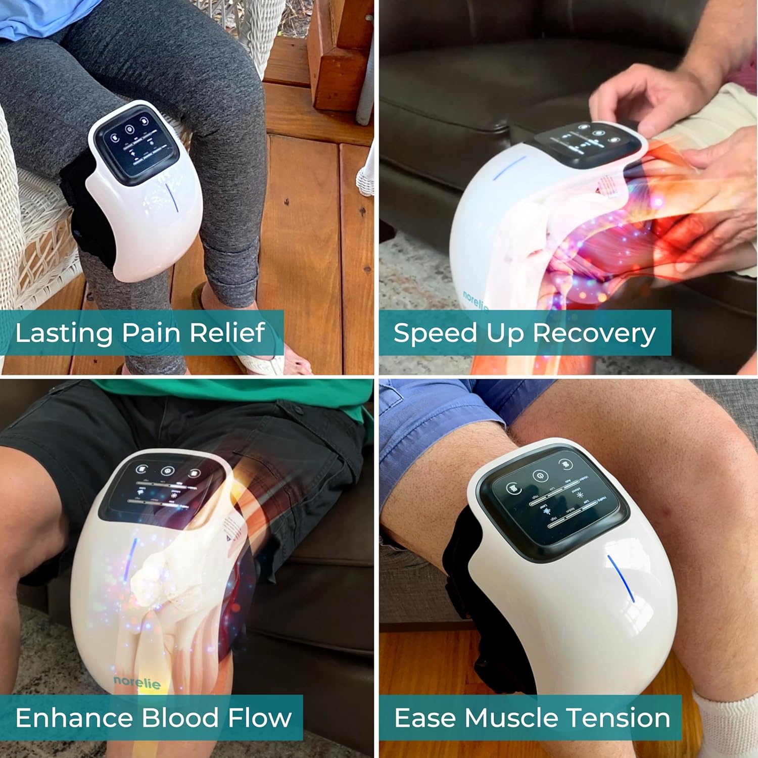 Norelie KneeRelief 3-in-1 Knee Massager, Cordless with Heat, Vibration and Red Light Therapy, Adjustable Settings for Comfort and Mobility